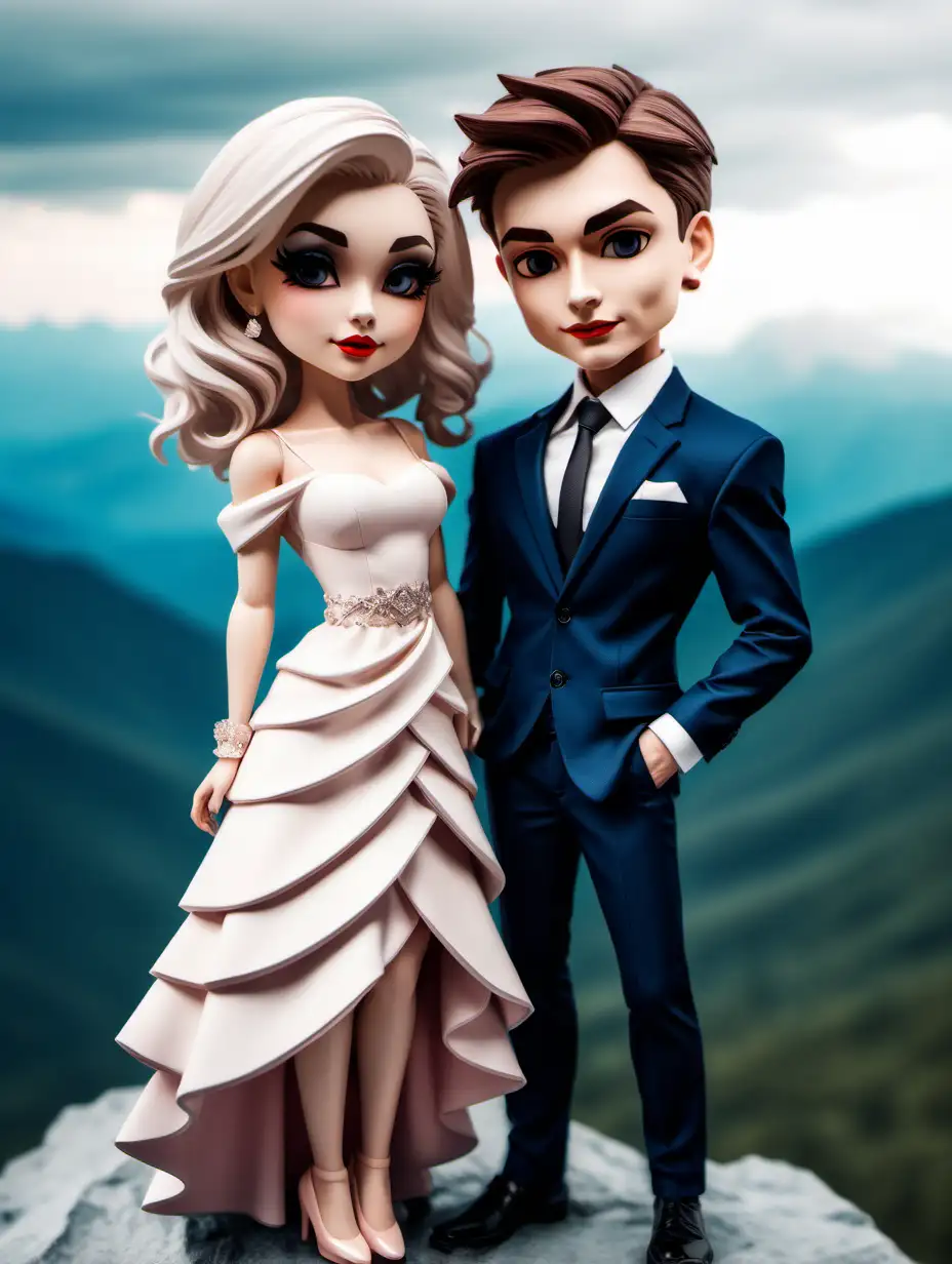 Sophisticated Caucasian chibi couple well dressed. woman full makeup. on top of a mountain. enjoying the view. 