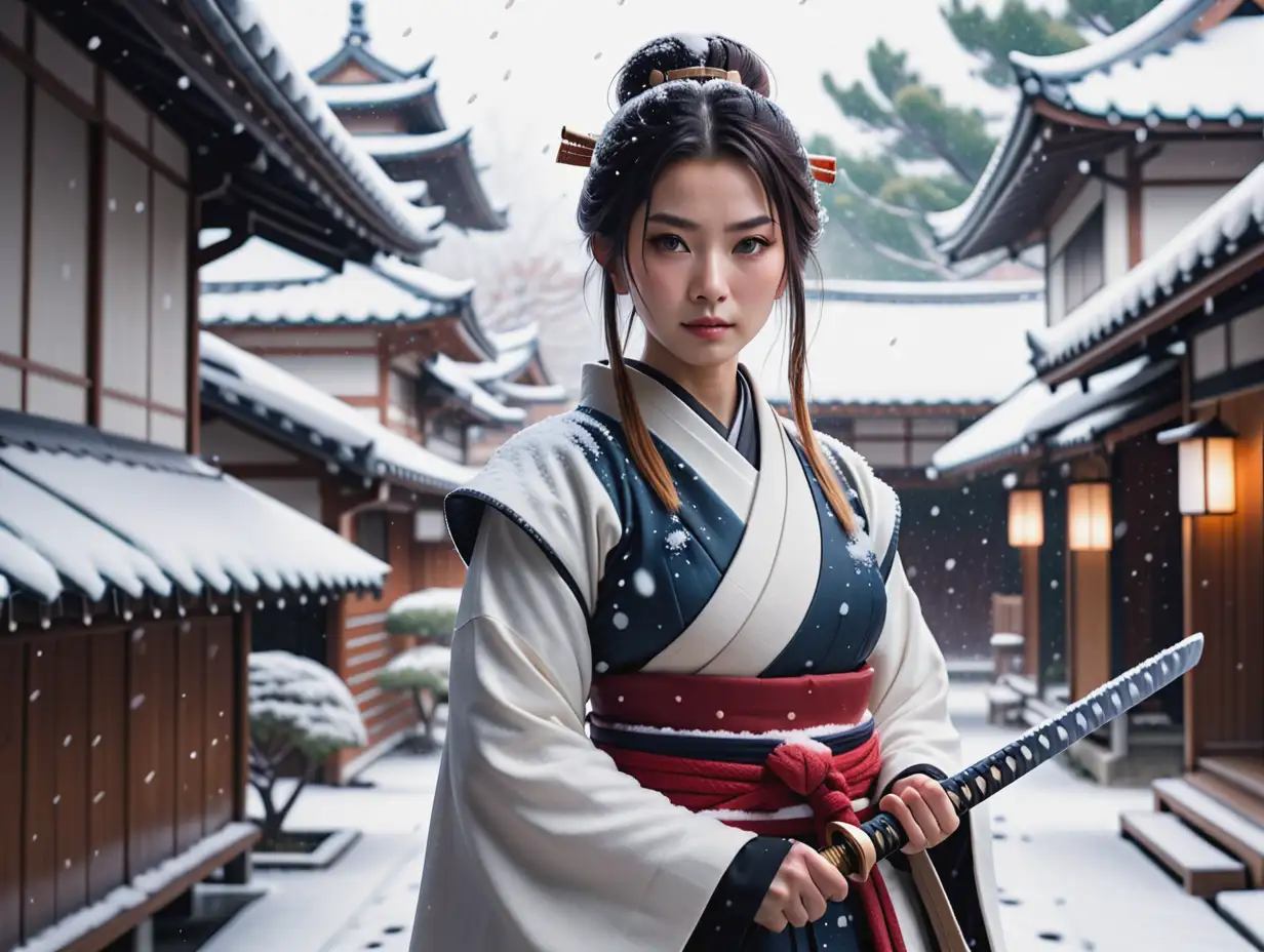 bir samuray prensesi japon bir kadın, japon jültürünü temsil eden evlerin önünde kar yağmış ve karların üzerinde elinde samuray kılıcı var, gerçekçi 4 k fitüristik bir fotoğraf, 