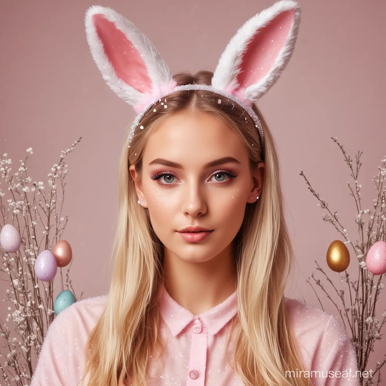 Crea foto di modella con le orecchie a forma di coniglio glitterate, baffi da coniglio, truccata alla moda, realistica, sullo sfondo uova di pasqua