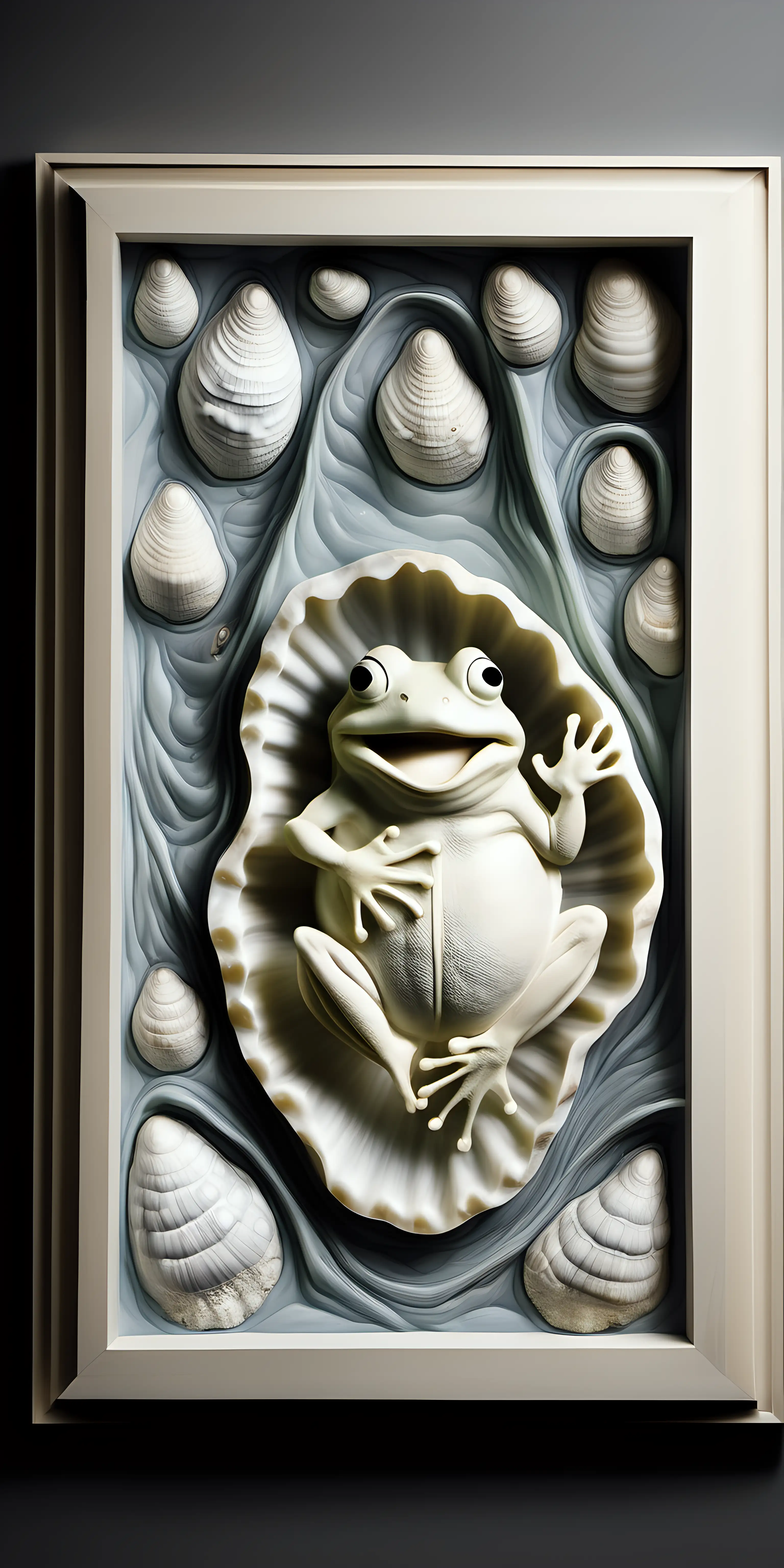 framed sign, with a animated smiling frog, big oyster shell in the background,carved in translucent white chocolate, 3d relief, topographical gray scale