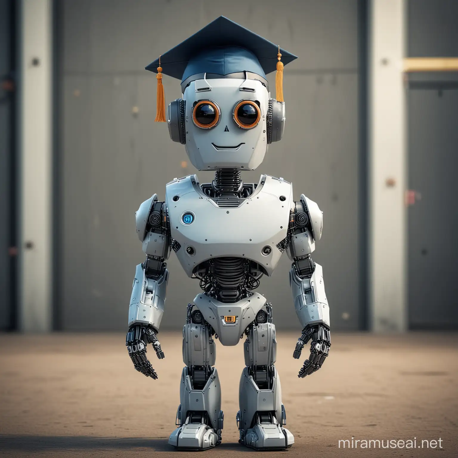 Happy Robot Student Graduates with Strength and Confidence