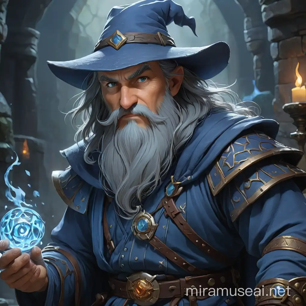 Dungeons and dragons, fantasy, a mid aged sorcerer in blue