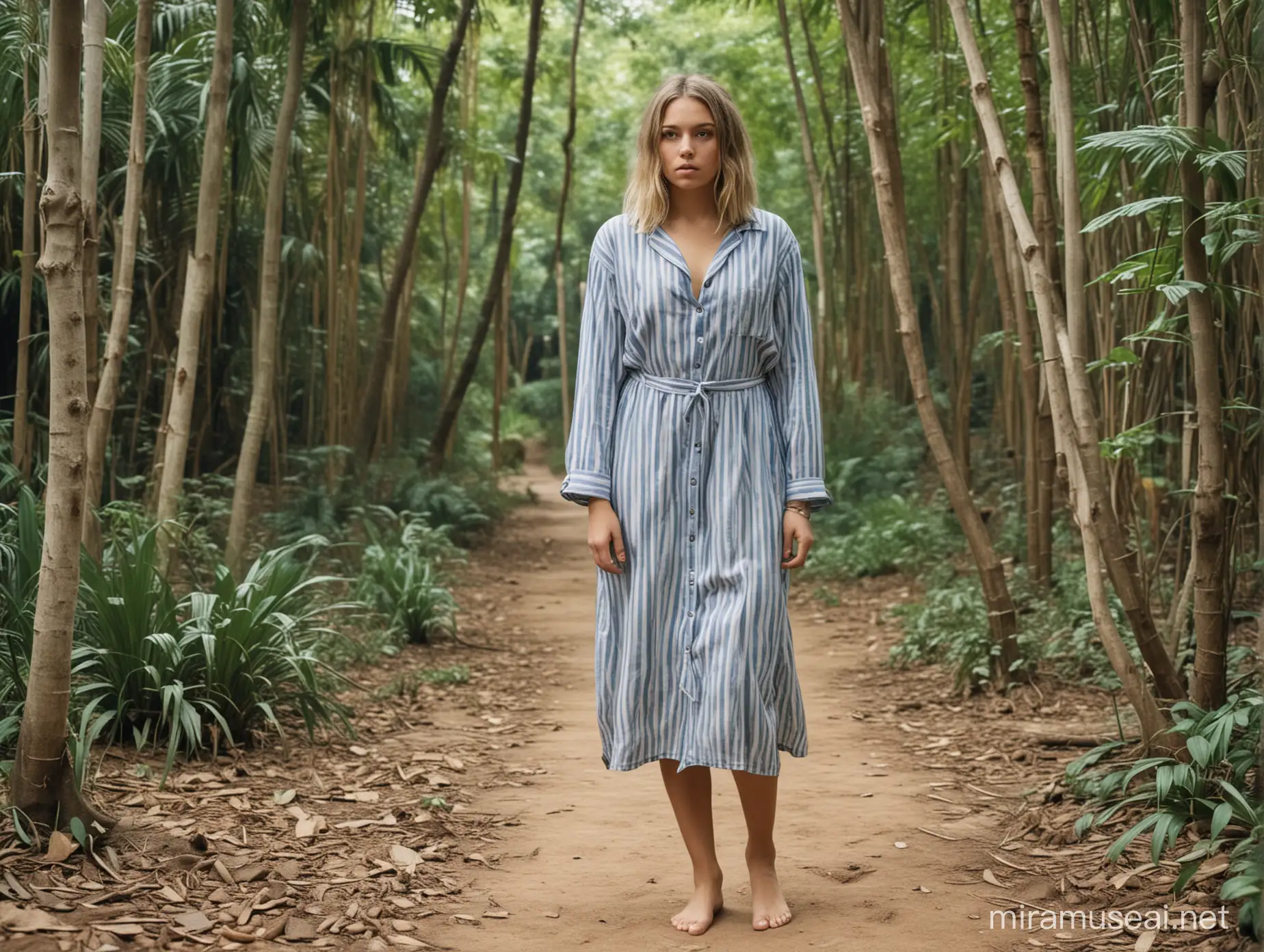 A busty female prisoner(german, 20 years old, barefoot) stand in a jungle tribal village(1900s) in blue-white vertical wide-striped buttoned longsleeve shirtdress(medium bob hair), She is shamed and desperate, a few strong men stand directly behind her in tribal wear