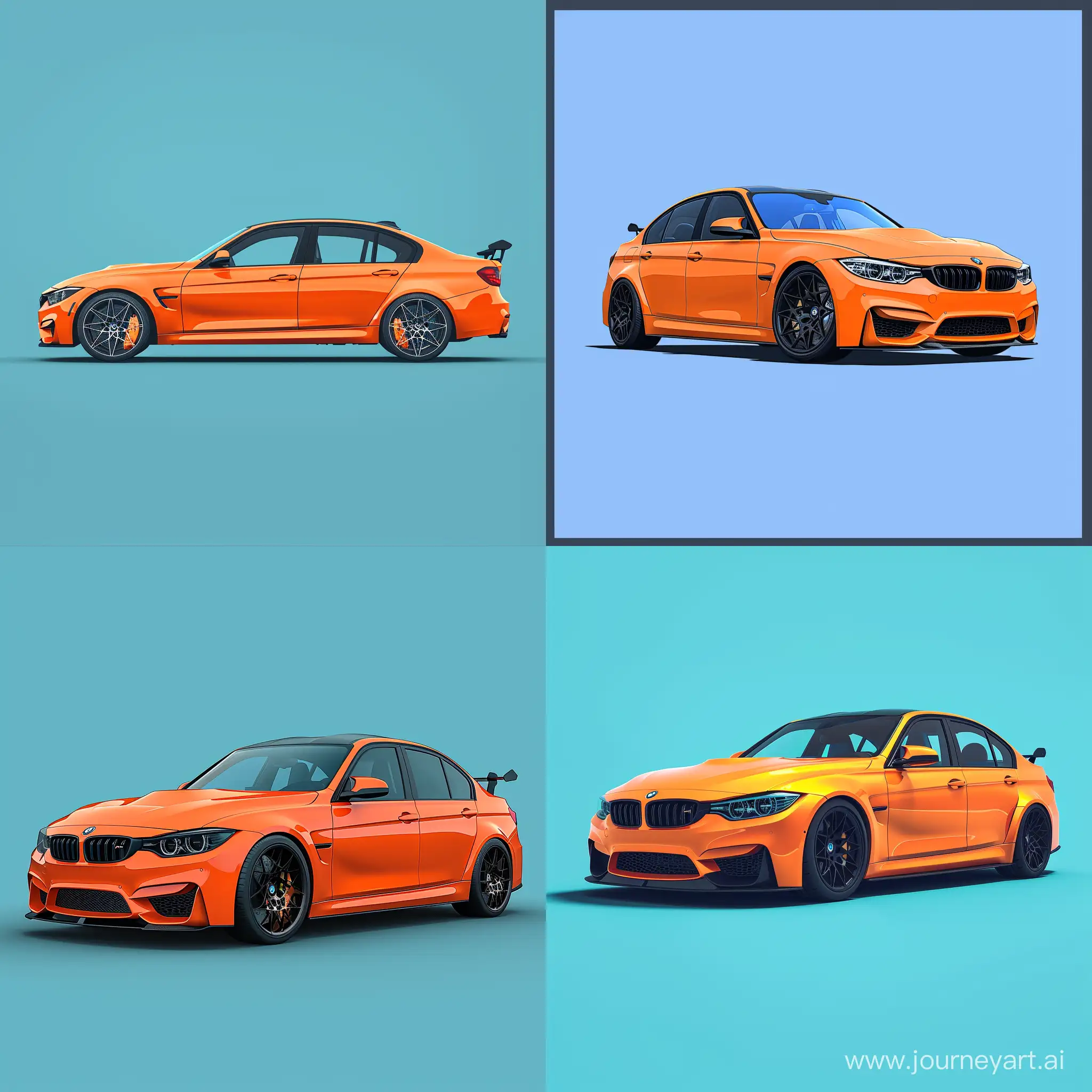 Minimalist 2D Image, BMW M3, Simple Blue Background, Details Car Orange, Affinity Designer Software, High Precision