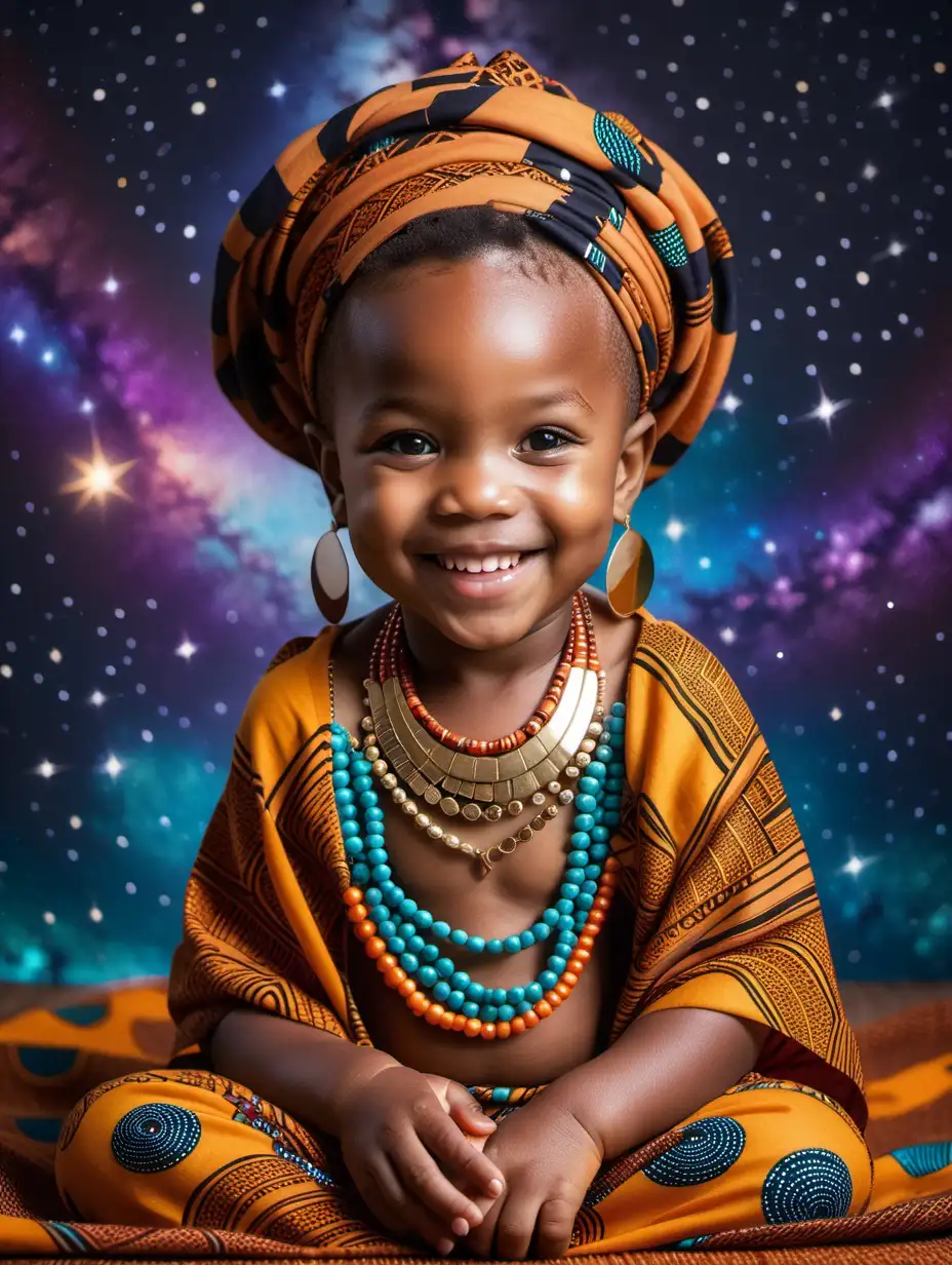 smiling african baby girl with african jewellery and african print fabrics all around her and a galaxy background