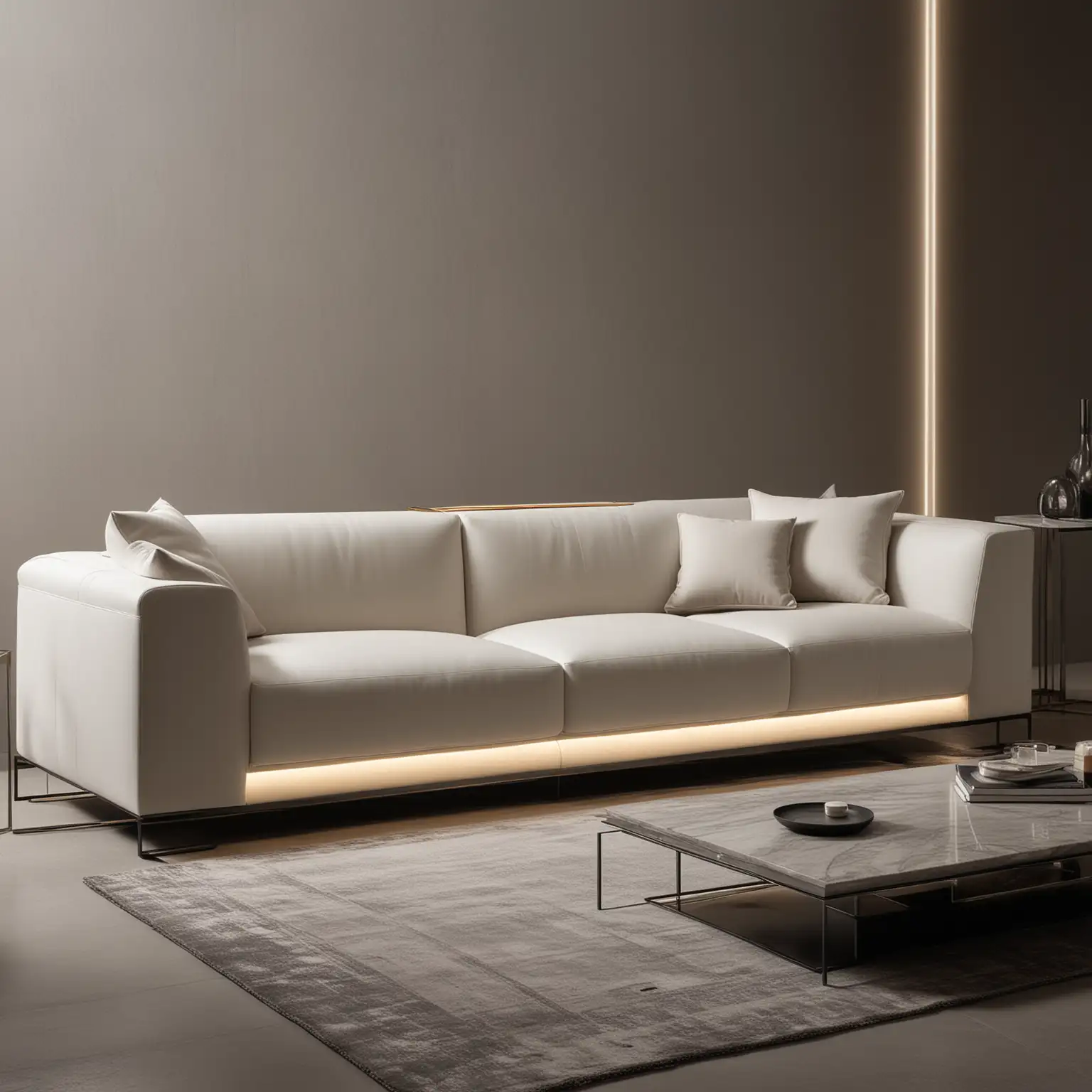Italian style sofa design with Turkish touches, modern lines, minimal LED detail



