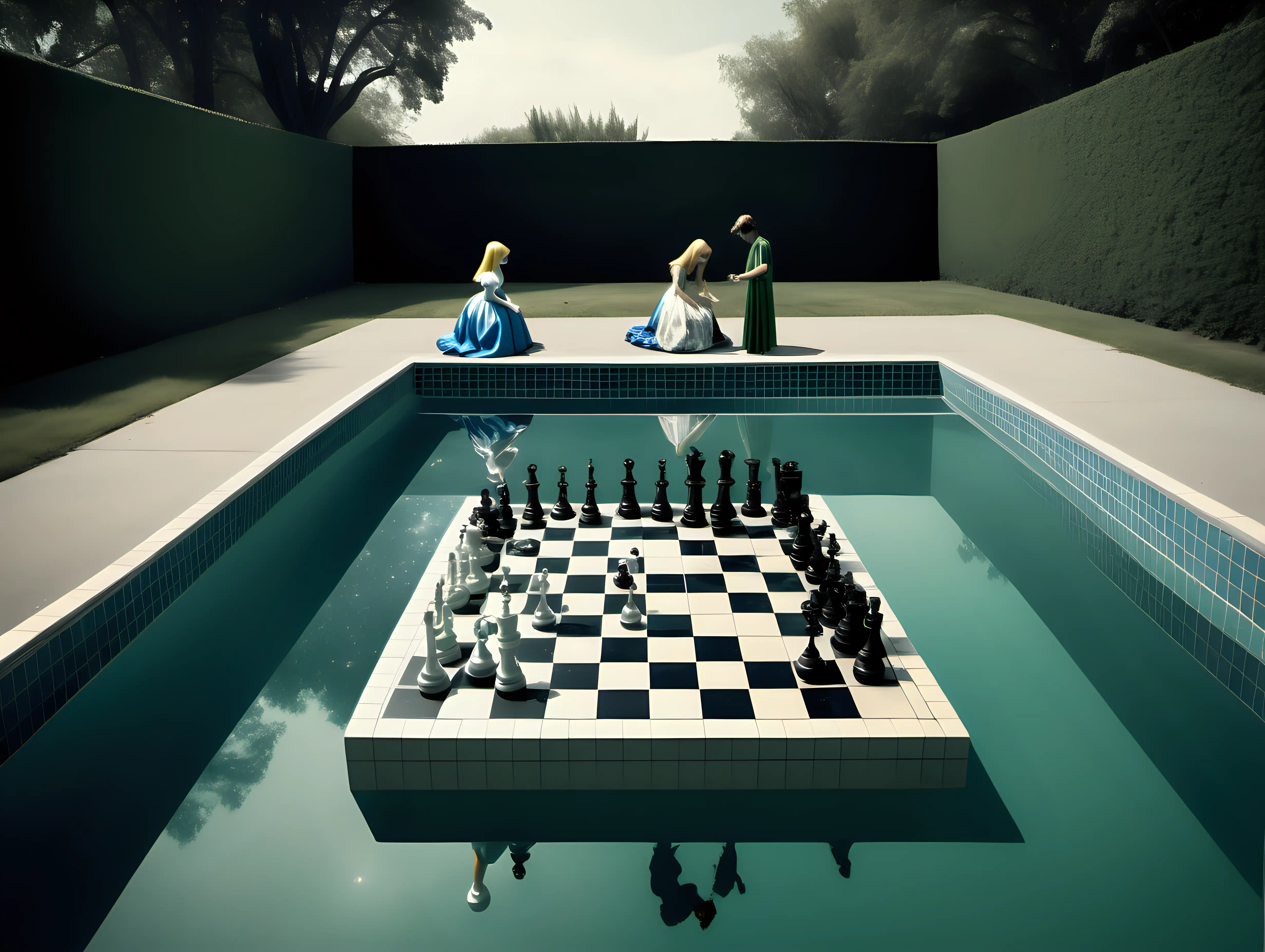 Surrealistic Chess Game in a Swimming Pool with Alice and Peter Pan