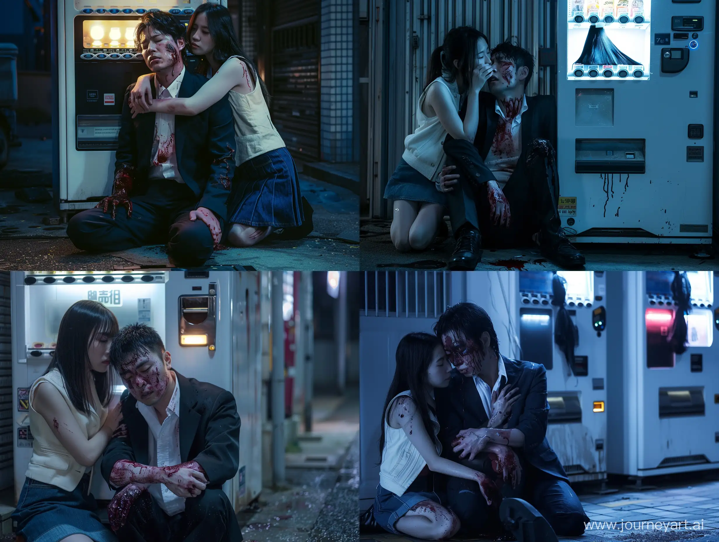 realistic movie stills, Late at night on the streets of Tokyo, Japan, next to a push-button vending machine, a seriously injured man sat weakly on the ground. He was wearing a black suit, blood was spattered on his body and face. A sexy Japanese girl (Fashion, white vest. White shirt, denim skirt) hugging him tightly, the vending machine emitted the light of the black silk lamp, an unforgettable encounter, an amazing fantasy movie scene, strong dramatic tension, rich details, clear light and shadow, a strong sense of cinema