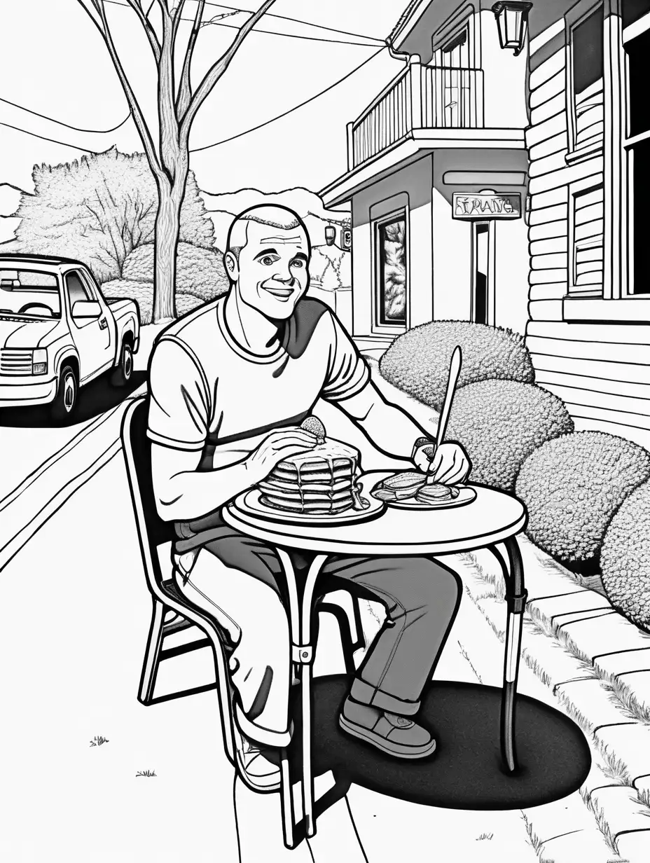 Adult Coloring Book, man eating stack of pancakes, sitting in lawn chair with small table, in the middle of the road, Black and White, black outline, high contrast