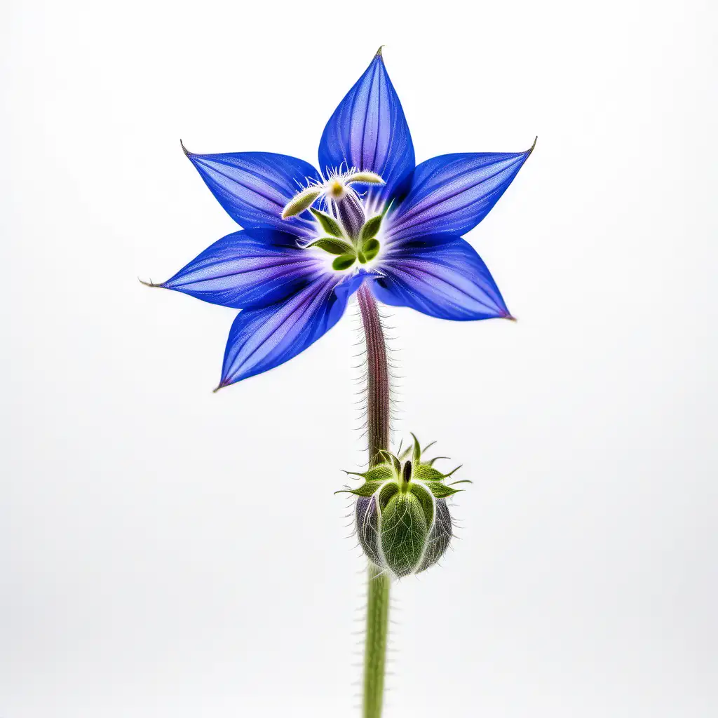 The vibrant blue of one single borage flower white background








