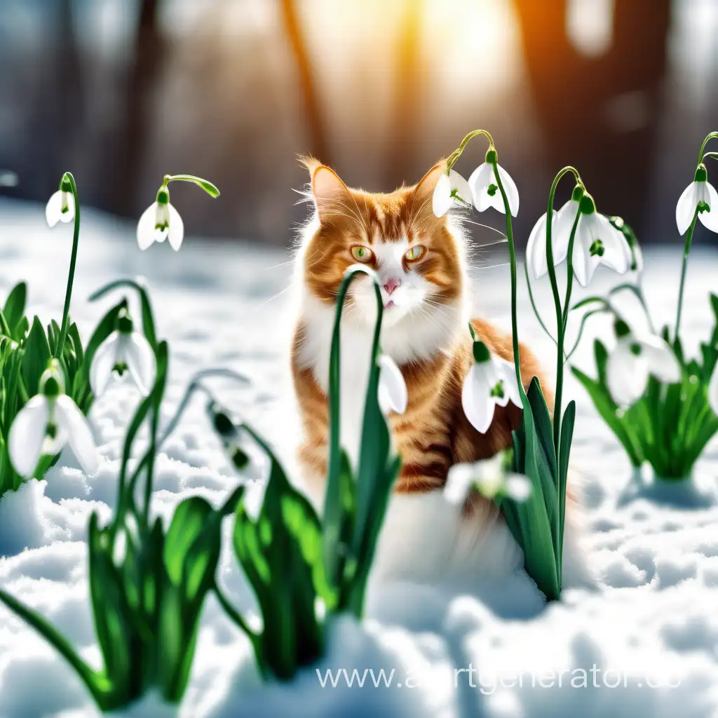 весенний пейзаж подснежники проталины в снегу март слева рыжий красивый пушистый веселый кот кот нюхает подснежник утонченно реалистичное фото четкие прорисовка контуров 4к 