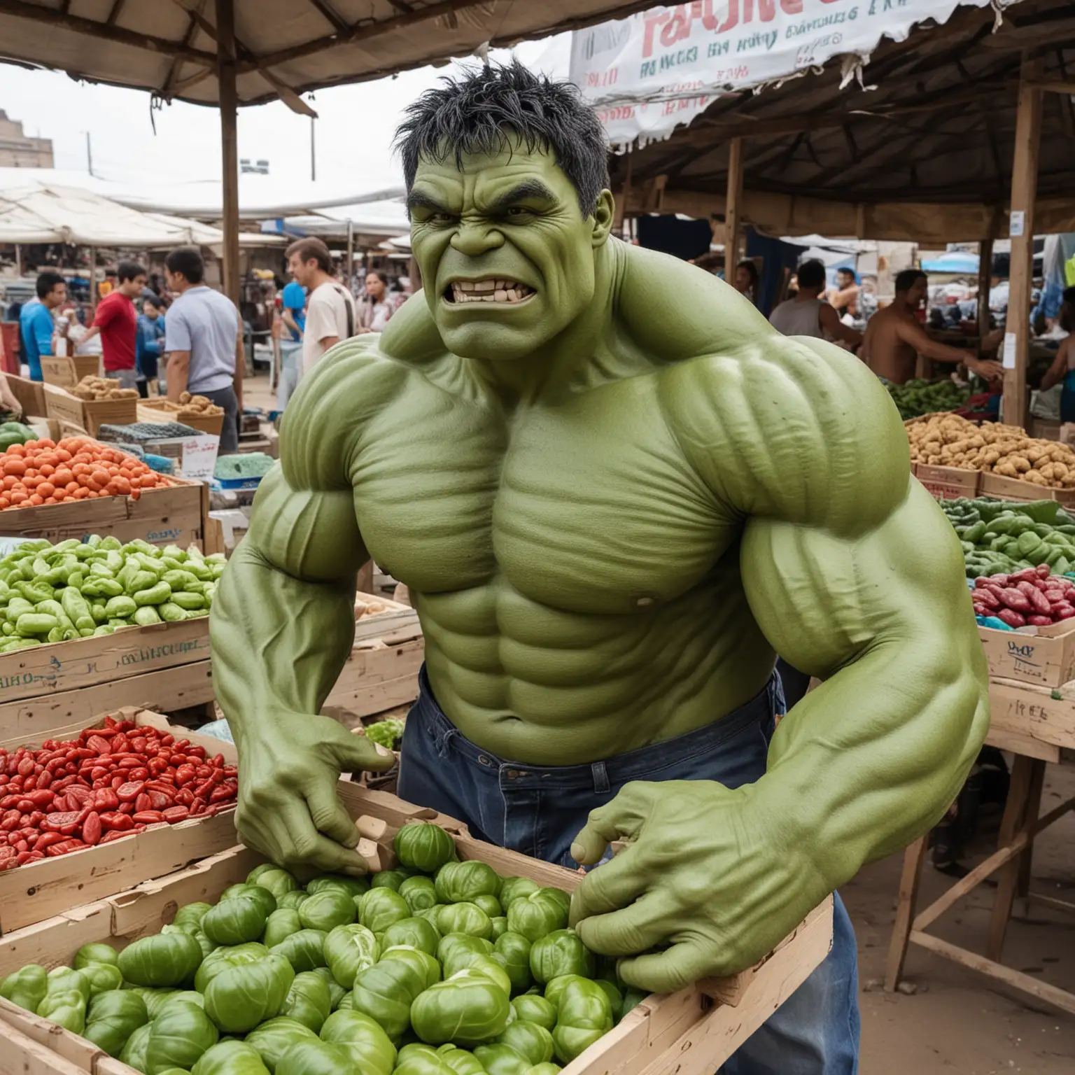 Hulk Selling Fresh Produce at a Bustling Traditional Market