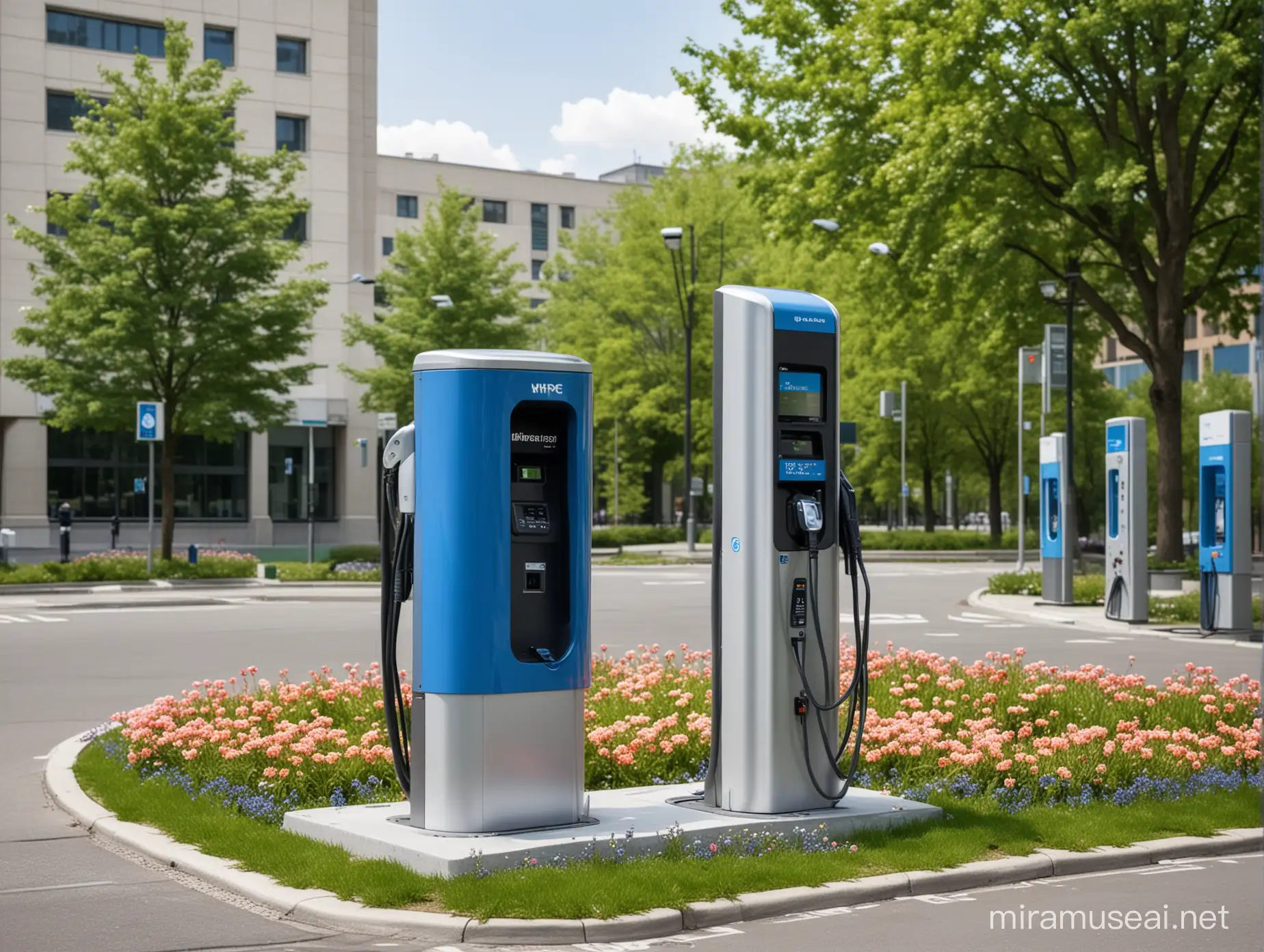 Close-up of a hyper-realistic blue Alpitronic HYC 150 EV charging station located in an electric vehicle parking lot. A beautiful business building in a metropolitan district can be seen in the distance. Behind the station there is a park with beautiful blooming green trees and a park promenade with many different spring flowers.
