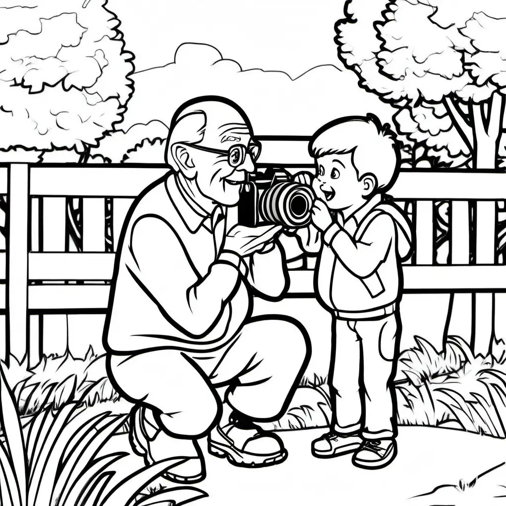 grandpa and a  small boy both  taking photos with a camera in a park, Coloring Page, black and white, line art, white background, Simplicity, Ample White Space. The background of the coloring page is plain white to make it easy for young children to color within the lines. The outlines of all the subjects are easy to distinguish, making it simple for kids to color without too much difficulty
