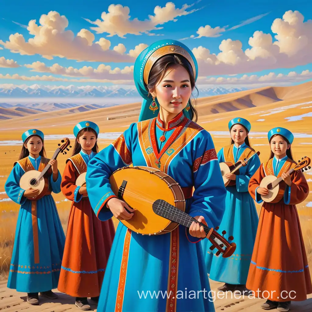Kazakh-Woman-Teacher-with-Dombra-and-Students-Celebrating-Victory-in-Steppe