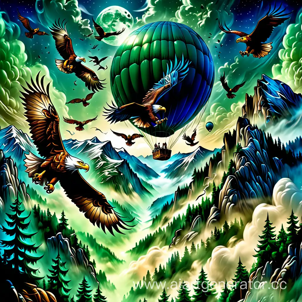 Epic-Balloon-Flight-Over-Mythical-Mountain-Ranges-with-Eagles-Battling-in-the-Green-Sky