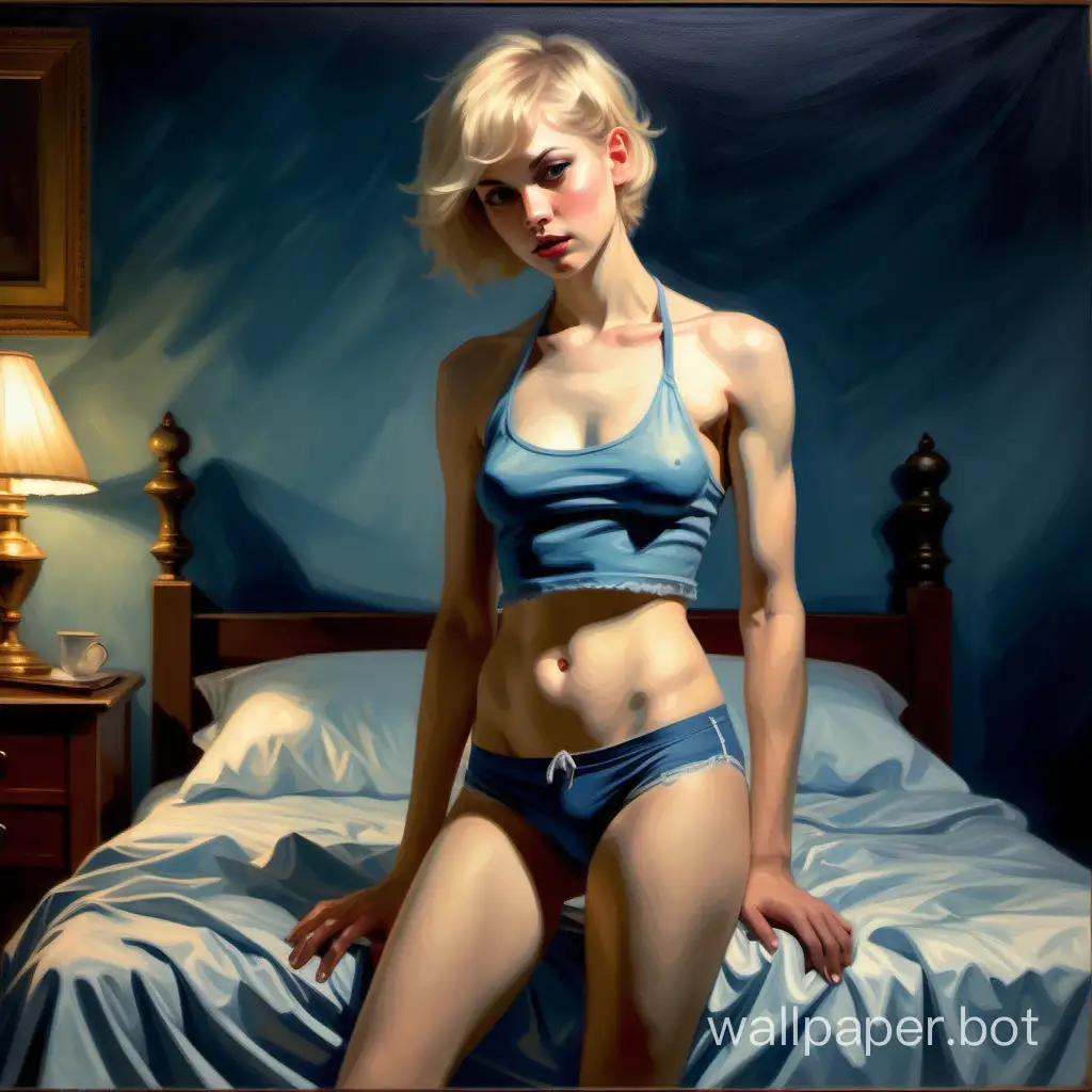Painting of a pretty, petite, flat-chested, slender young lesbian with blonde hair cut very short, with a boyish fringe. Cute panties with and cropped, high-necked halter top that show her toned muscular body. The aesthetic and textures of a vintage fine art oil painting. Ultra-feminine, untidy, girlish bedroom. Full body-length portrait. Dark, muted blues. Night, lit by dim blue lamps. Erotic scene