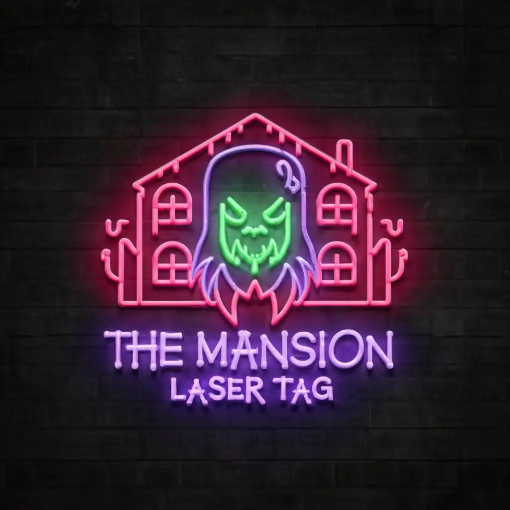 a logo design,with the text "THE MANSION LASER TAG", main symbol:NEED logo mascot  to include logo haunted-house and the color is neon,Moderate,clear background