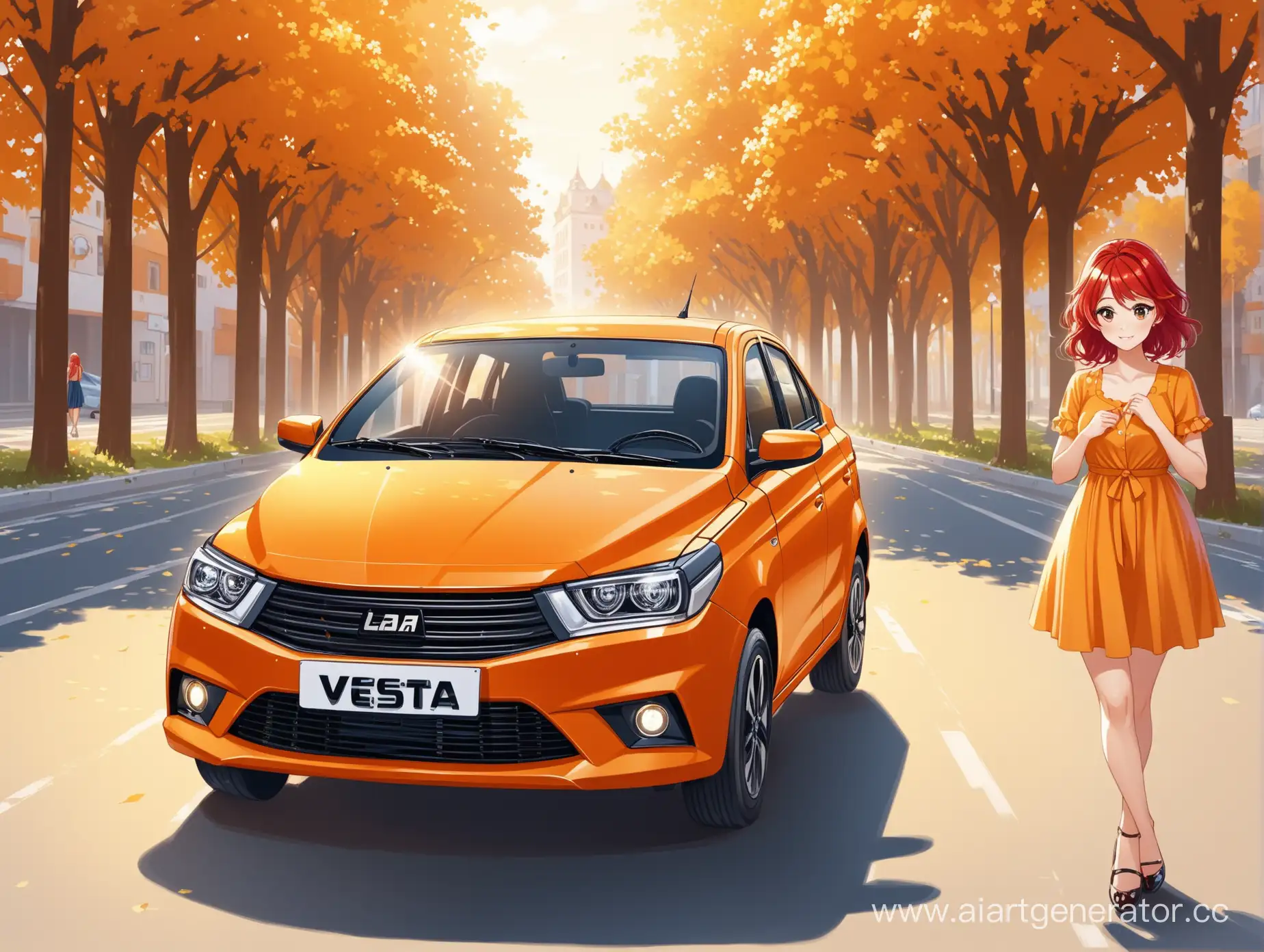 Redhaired-Girl-near-Lada-Vesta-Car