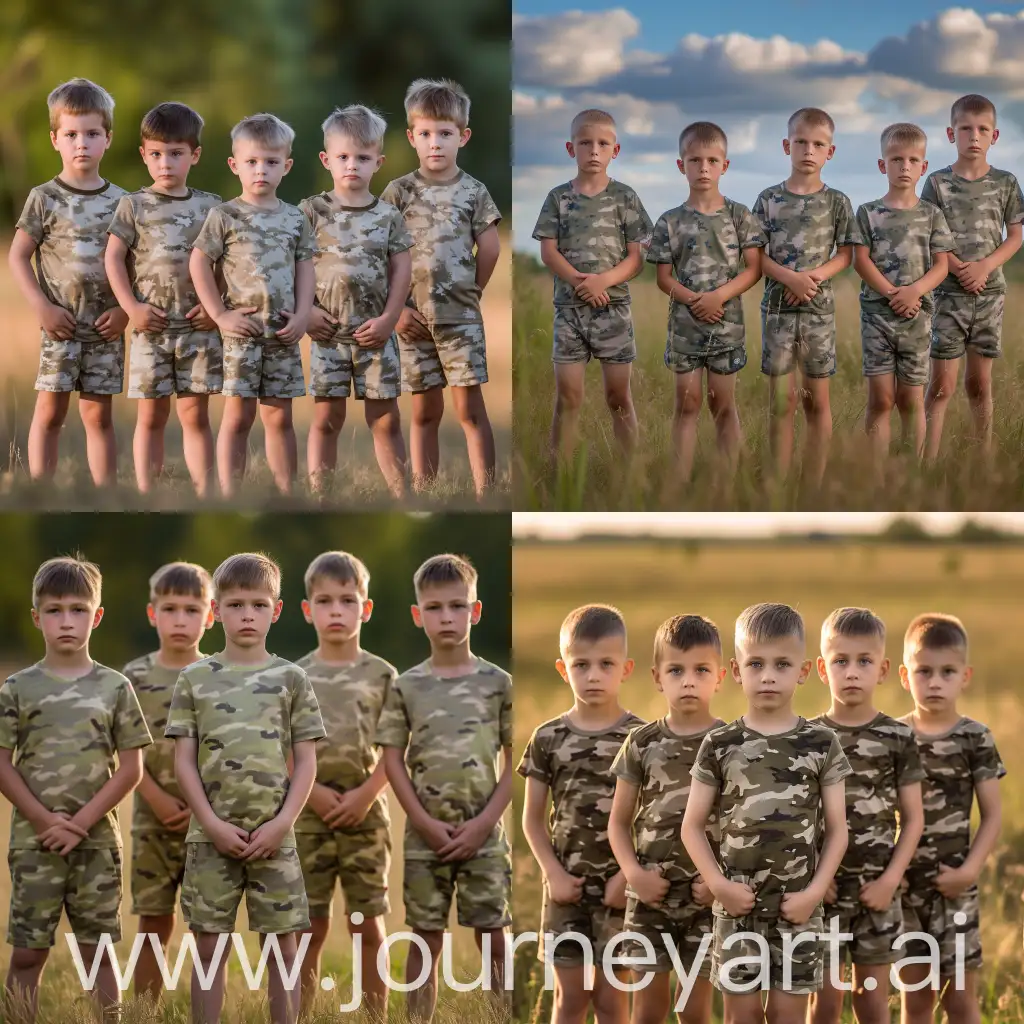 image featuring 5 European, short-haired handsome boys 10-12 years old, wearing short and thin camouflage T-shirt and shorts, standing at attention side by side in line like soldiers on grassland, with their chests lifted up bravely, pretending soldiers receiving training. The scene should be lively and joyful, capturing the essence of the innoncence and courage of youth, natural background, sharp focus, depth of field, 8k photo, HDR, professional lighting