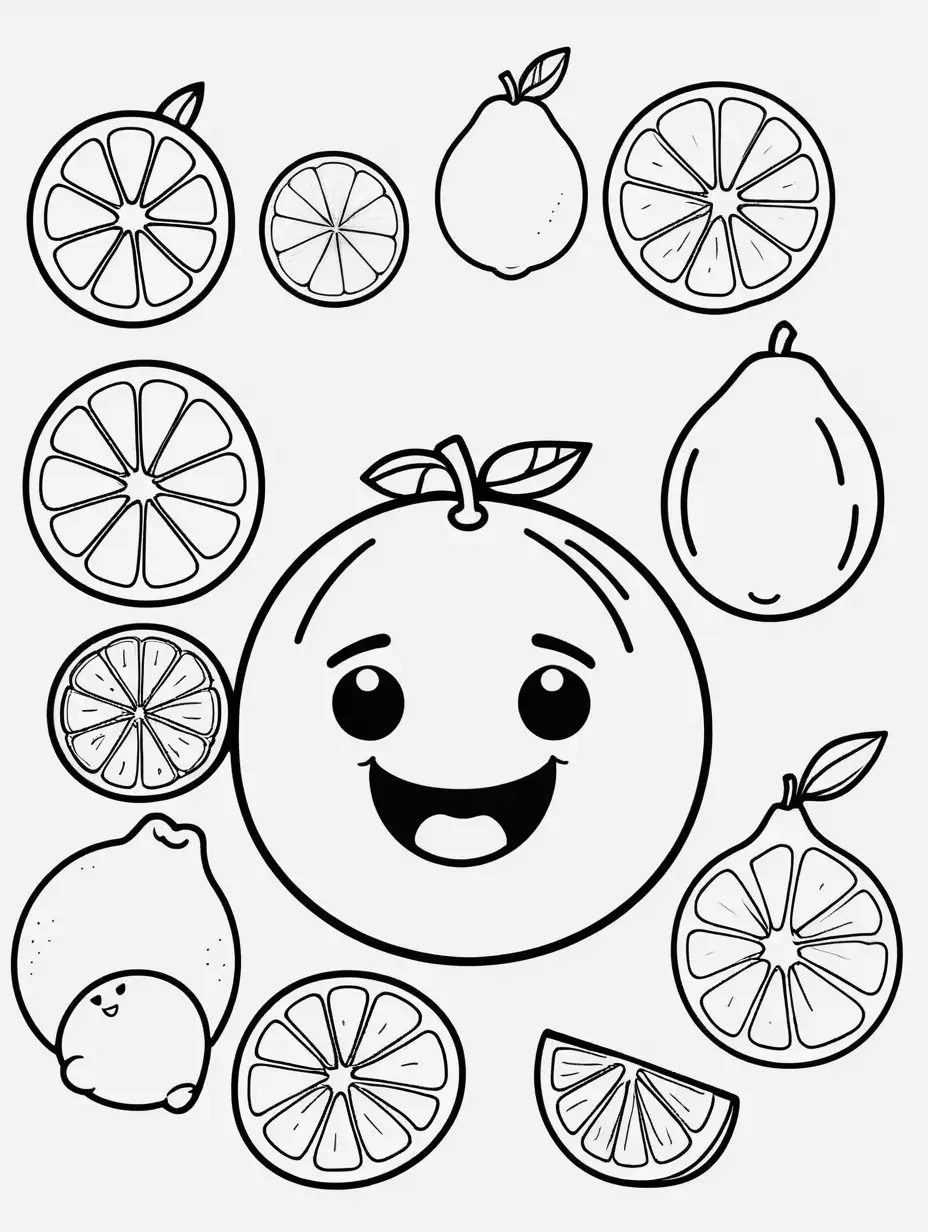 Citrus Fruit Coloring Book Playful Cartoon Drawings on a Clean White Background