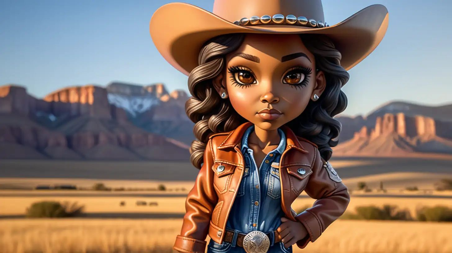 Create a hyper-realistic chibi-style portrayal featuring a strikingly beautiful caramel- skinned, curvy African American woman, This detailed depiction showcases her entire body with impeccable makeup, long lashes, airbrushed illustration with classic cowboy outfit, including a wide-brimmed hat, a red
fringed leather jacket, and denim jeans. She stands confidently
in an open field at sunset, with the warm glow of the sun
highlighting her features and casting long shadows on the
ground. Her expression is one of determination and strength,
capturing the essence of a modern cowgirl. The background
should feature a vast, open landscape with distant mountains
and a clear, vivid sky in a heavily HDR style. The image should
have the quality of 300 dpi
