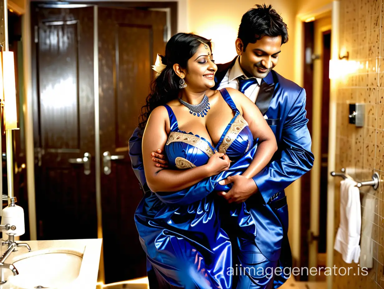 Generate full body front view image of a 40 year old very busty and curvy  Indian woman weearing skin tight shining blue indian bra and indian skin tight Petticoat  satin nightgown   hugging piggyback her male boyfriend wearing formal suit in a hotel bathroom show their full body shot