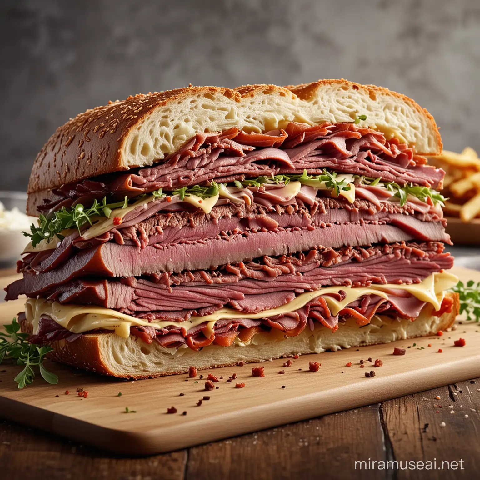 Create a stunning 8K ultra-realistic food photograph featuring a delicious pastrami sandwich, beautifully decorated with intricate details. The composition should reflect Michelin-star presentation, with a focus on exquisite plating and attention to detail reminiscent of Todd Porter´s and Diane Cu´s signature style. Capture the essence of culinary artistry.

