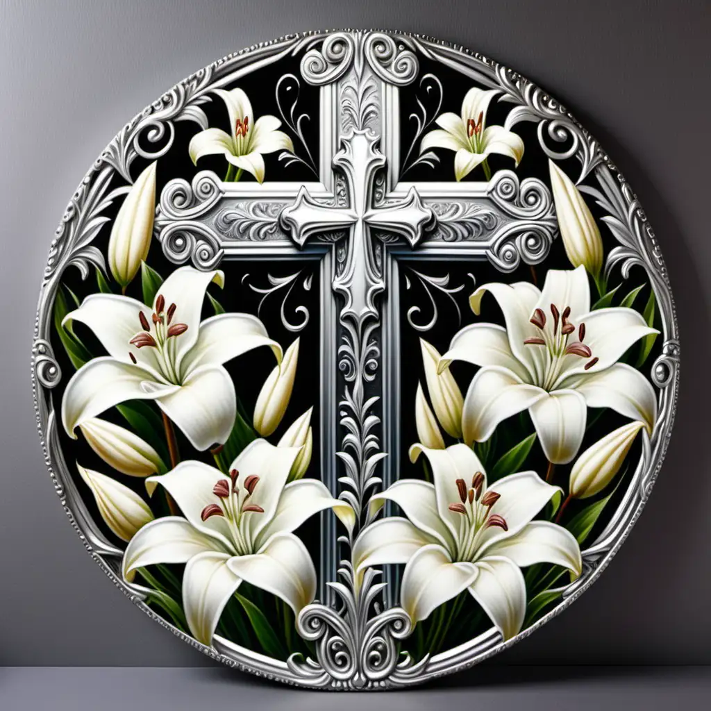 12 INCH ROUND CANVAS, TRANSPARENT BACKGROUND, PERFECTLY SYMMETRICAL ORNATE SILVER VICTORIAN STYLE CROSS SURROUNDED BY BEAUTIFUL AND VIBRANT WHITE LILLIES