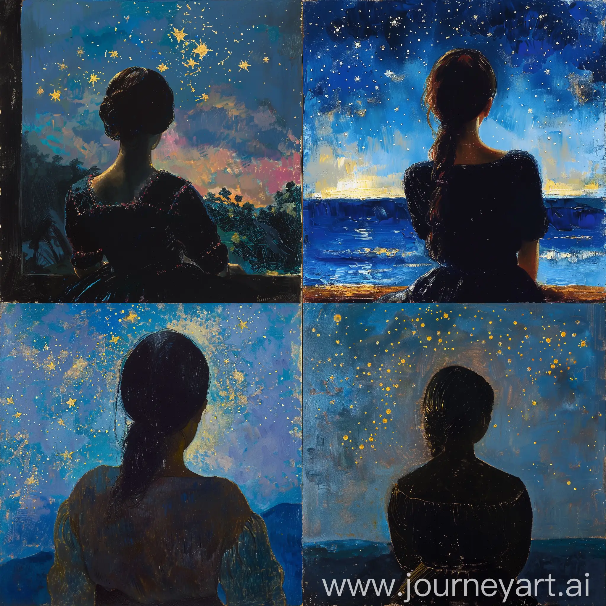 génère la peinture d'une femme de dos regardant les étoiles dans le style de paul gauguin, le format de l'image doit être vertical. masterpiece. on doit voir toute la silhouette de la femme. 