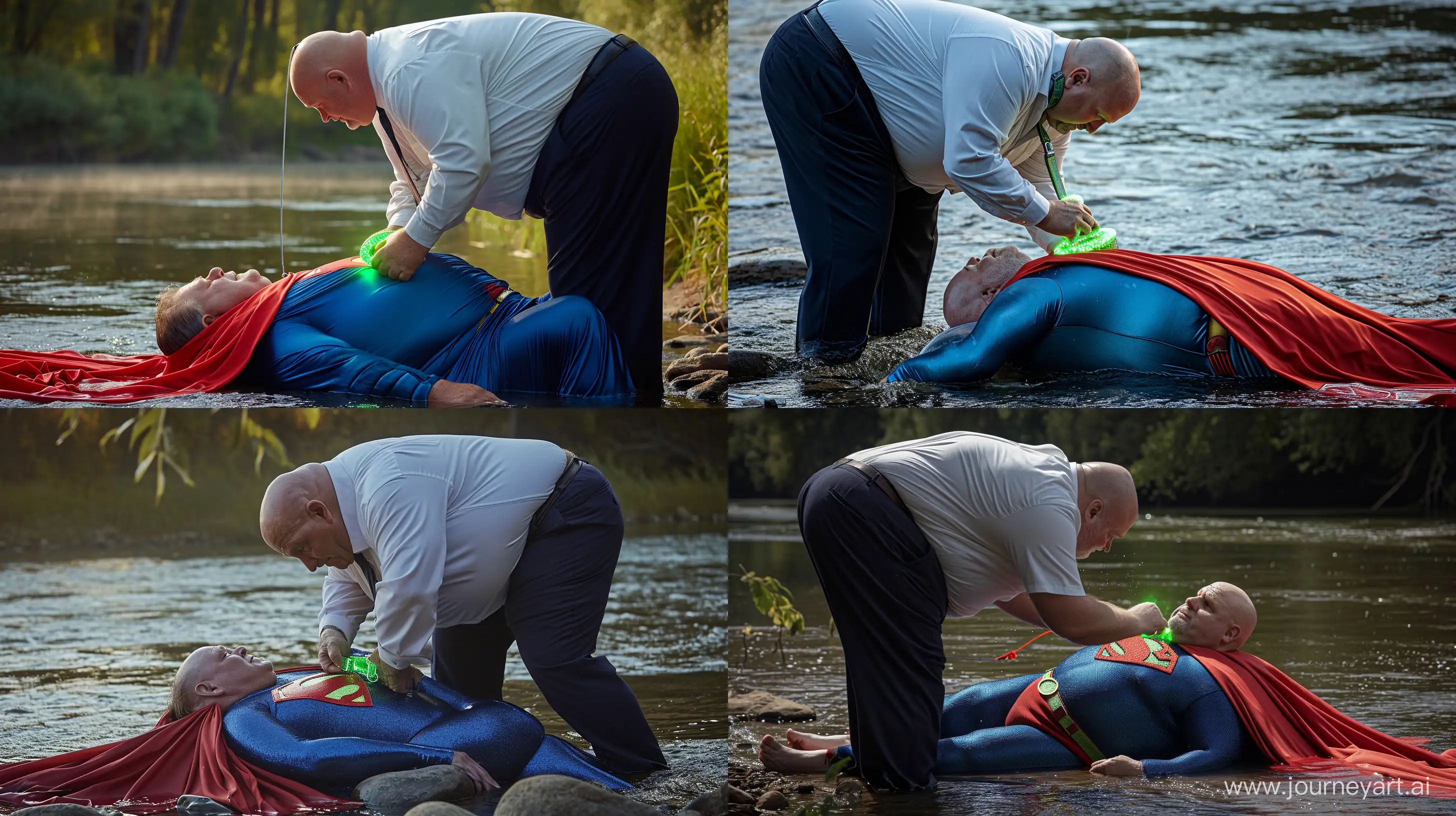 Back view close-up photo of a chubby man aged 60 wearing navy business pants and a white shirt, bending over and tightening a green glowing small short dog collar on the neck of another chubby man aged 60 lying in the water and wearing a tight blue silky superman costume with a large red cape. River Outside. Natural light. Bald. Clean Shaven. --style raw --ar 16:9 --v 6