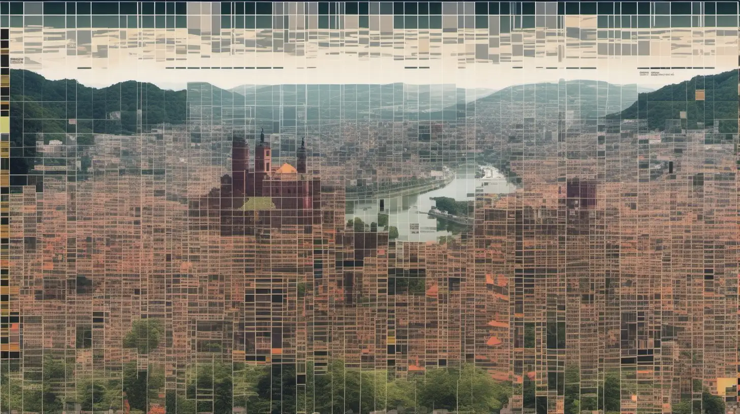 Asian landscape panorama with large distorted areas and a grid overlay with large pixelation, some large blocks filled with details from the Heidelberg castle, distant modern city, cubism style