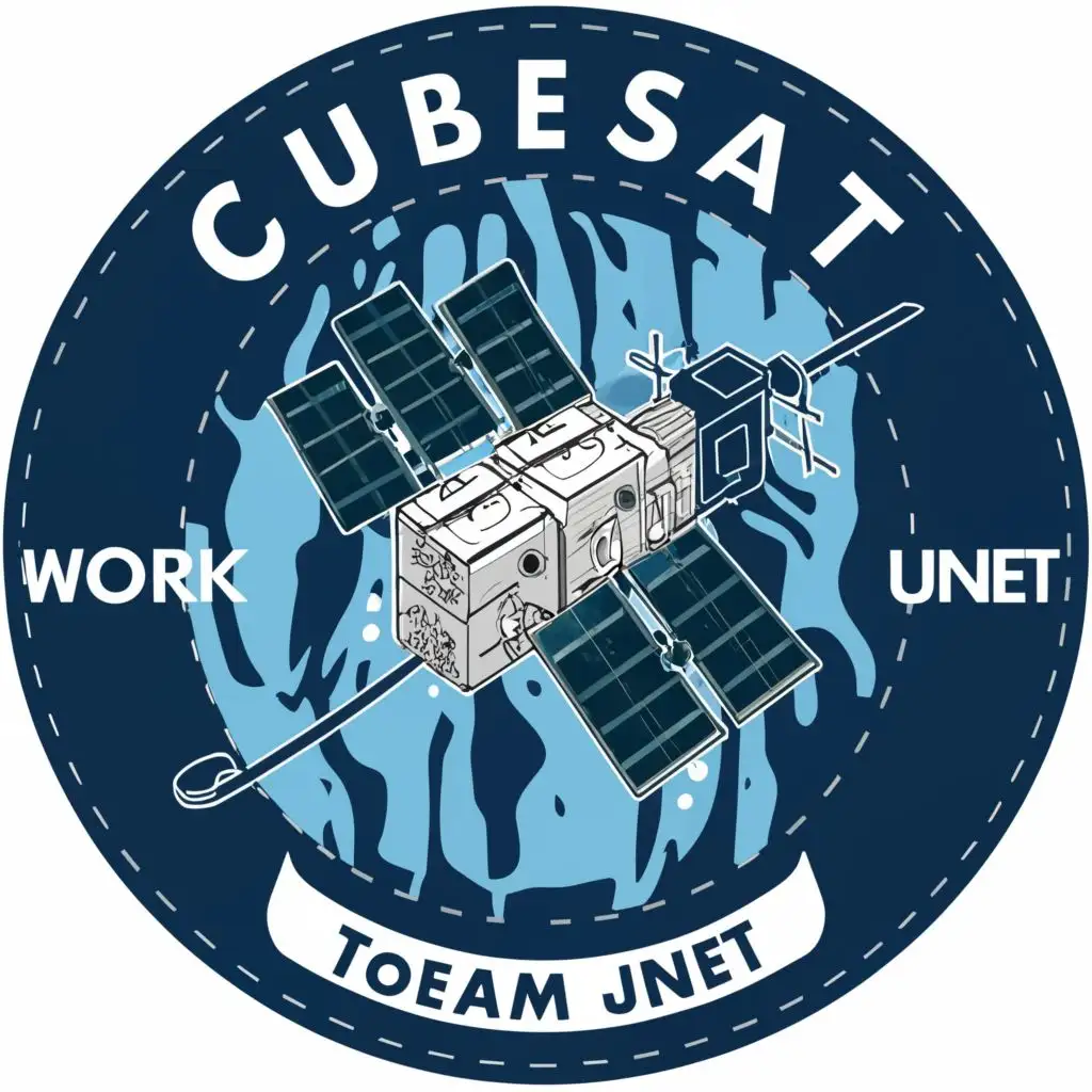 logo, Satellite, with the text "Cubesat Work Team UNET", typography, be used in Technology industry