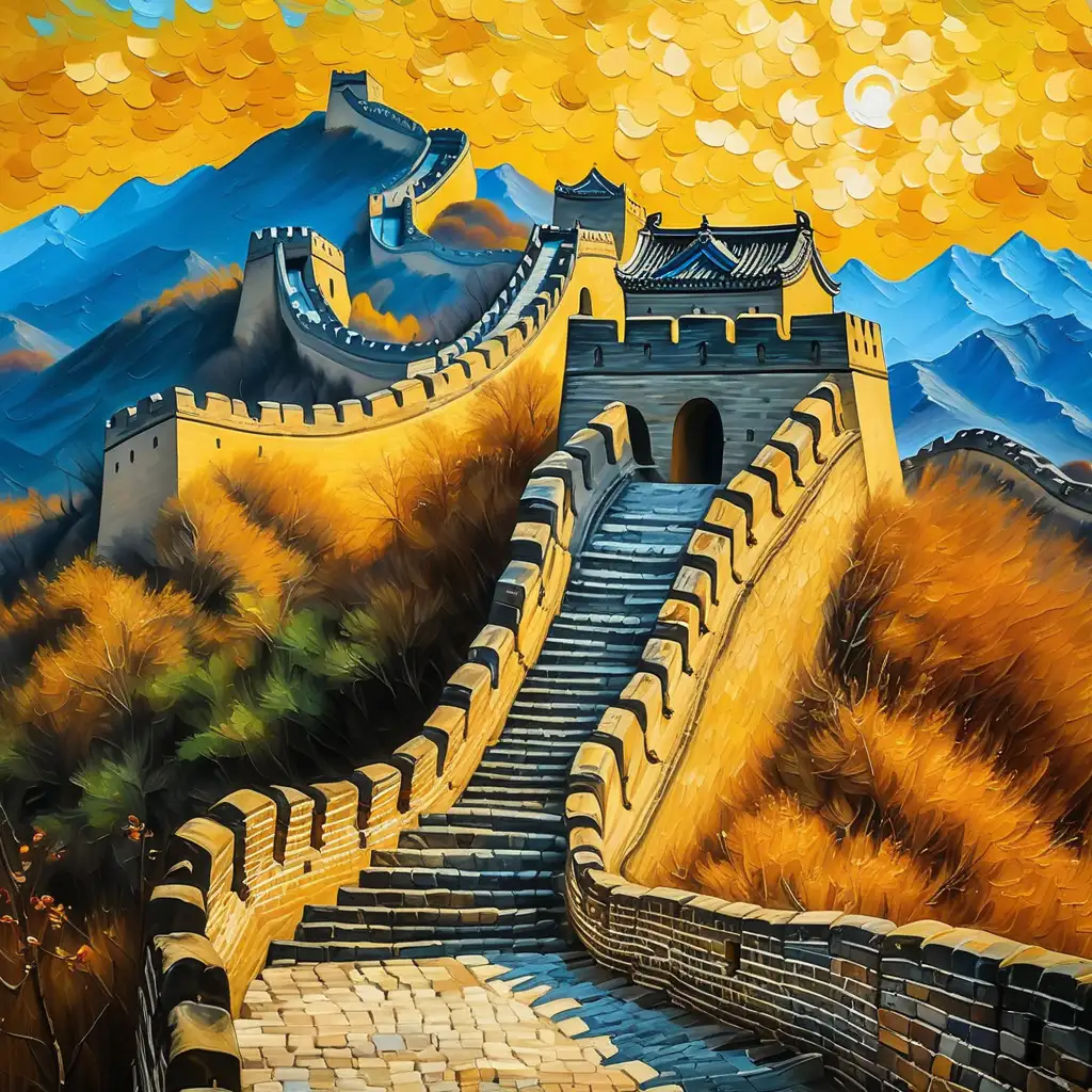 用油画的笔触，梵高的风格，画中国的万里长城