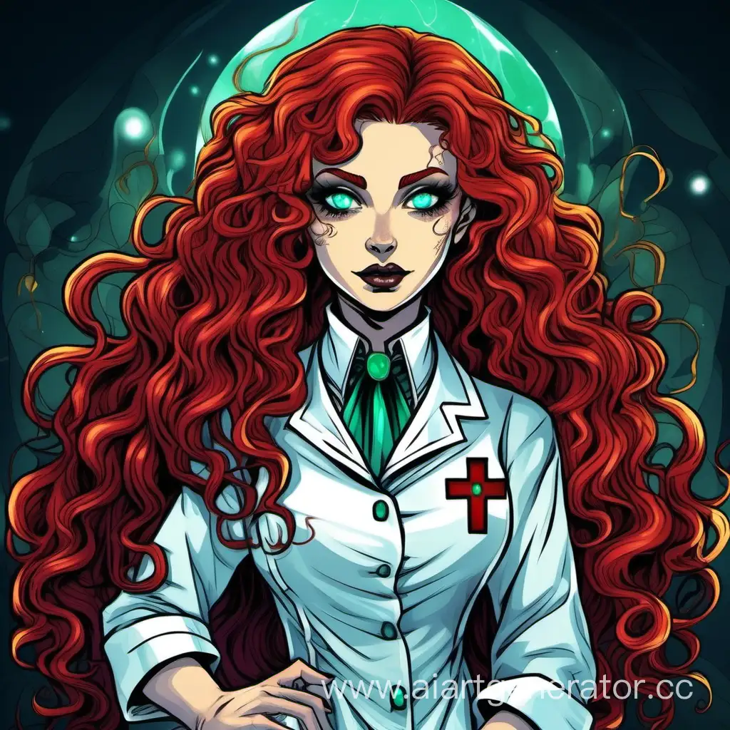 Pretty red-haired vampire nurse with curly-wavy hair and emerald eyes. Kind eyes and a blue third eye on her forehead. 