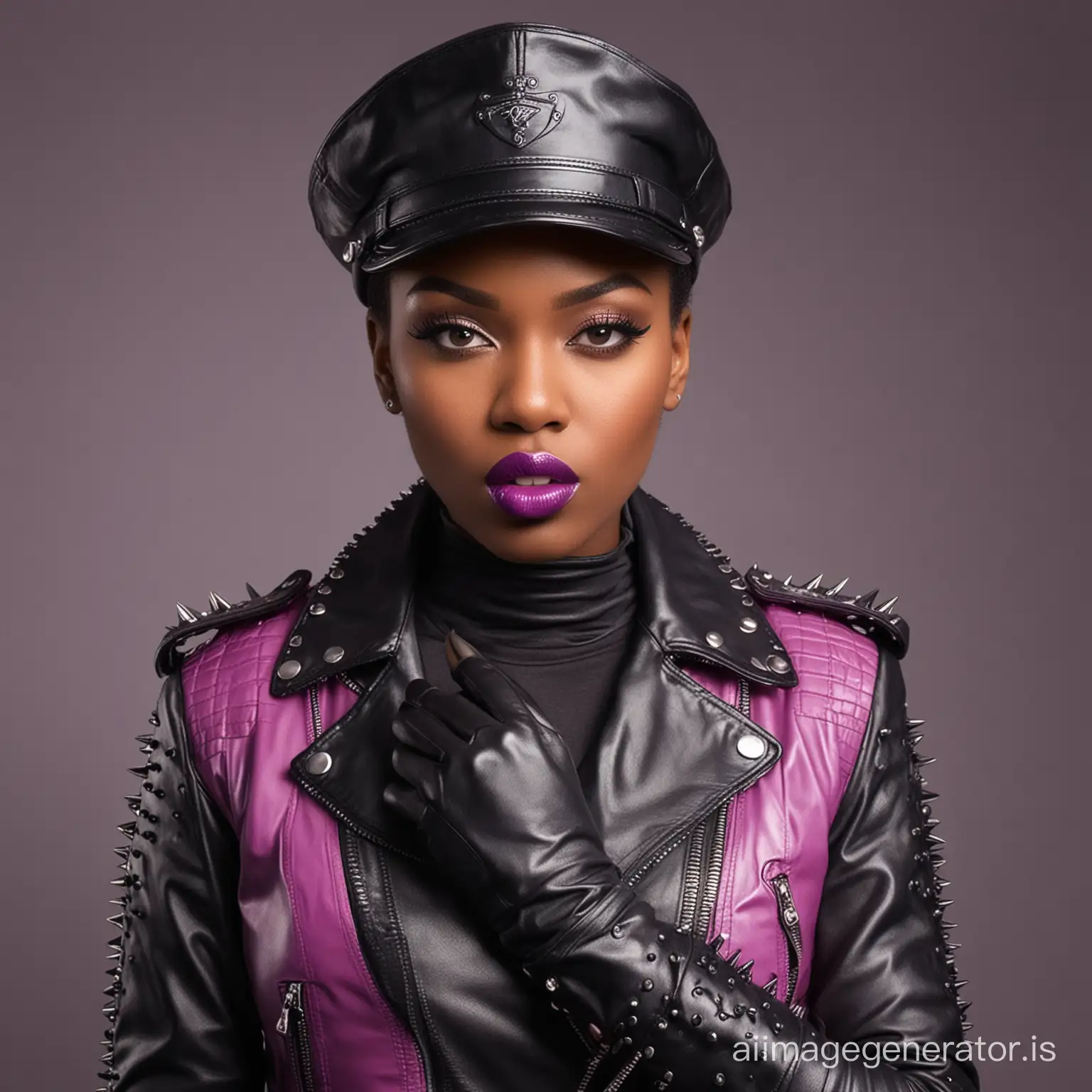 pink black woman in leather gloves, spiked motorcycle jacket. and purple lipstick, leather masters cap