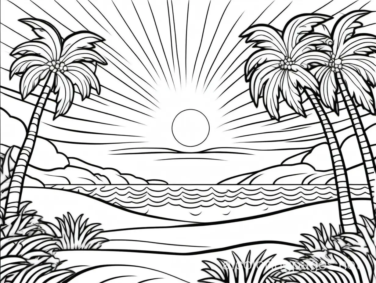 beach sunset trees, Coloring Page, black and white, line art, white background, Simplicity, Ample White Space. The background of the coloring page is plain white to make it easy for young children to color within the lines. The outlines of all the subjects are easy to distinguish, making it simple for kids to color without too much difficulty