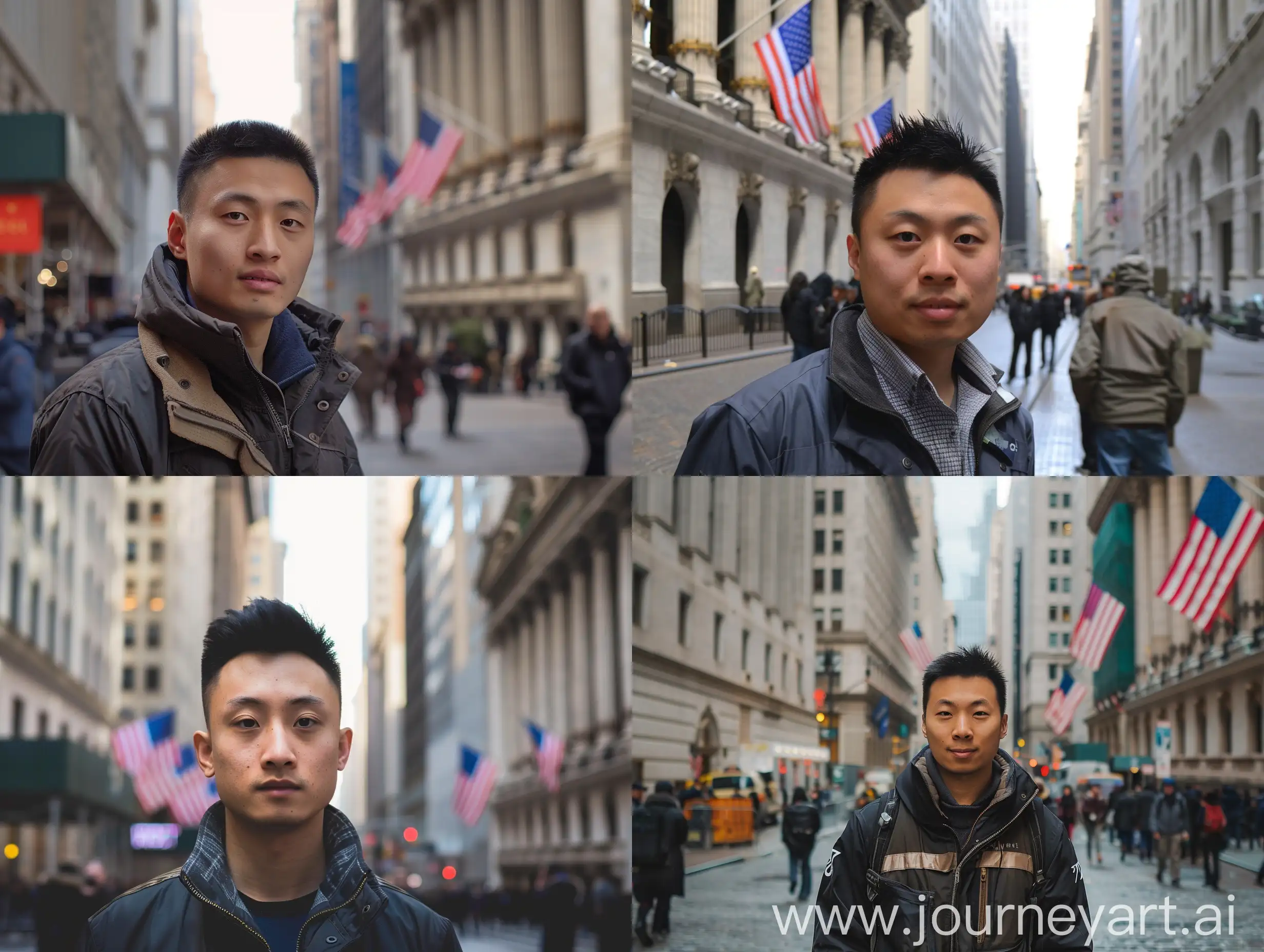 一个很帅的中国男子，28岁，站立在华尔街