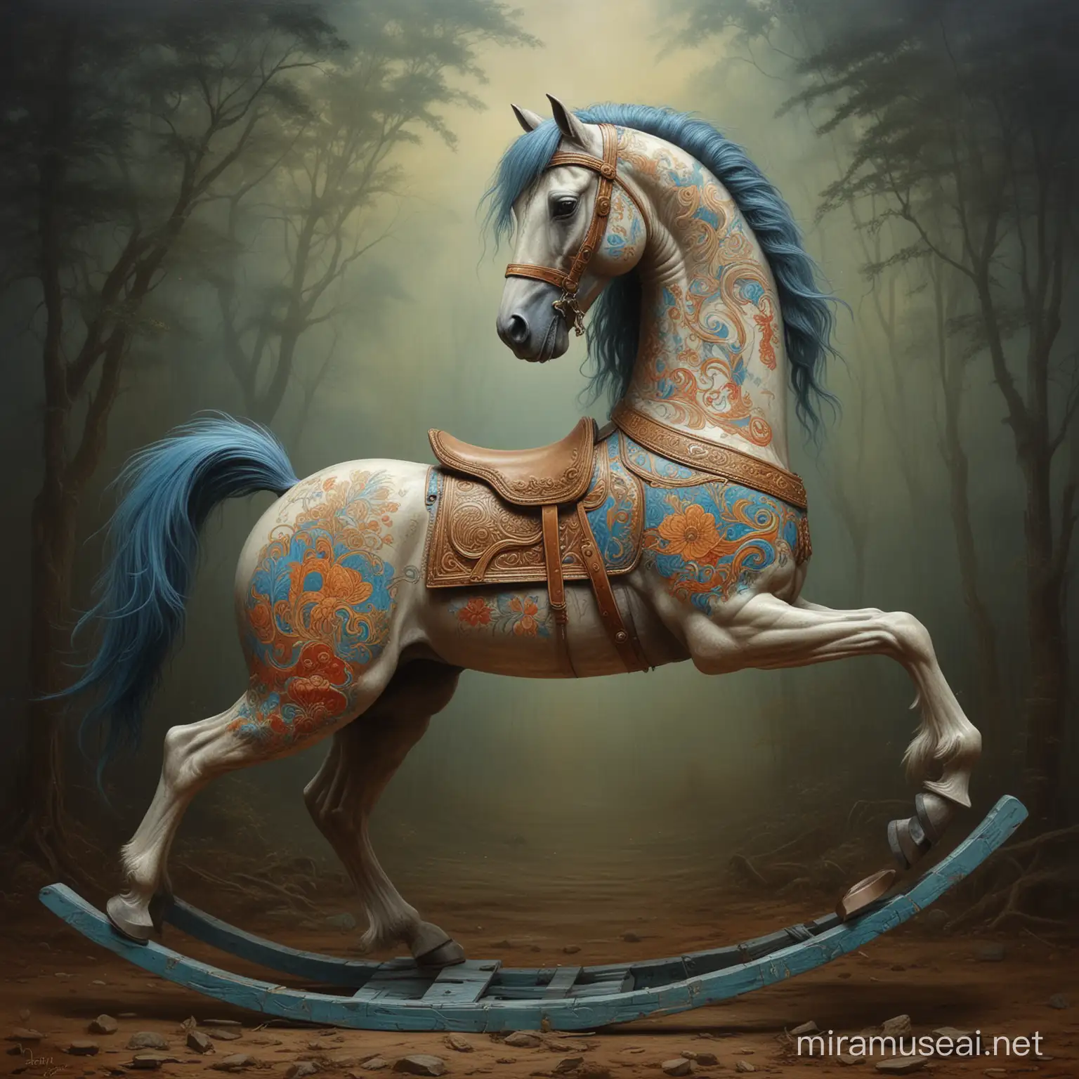 rocking horse painted in the style of Beksiński's paintings