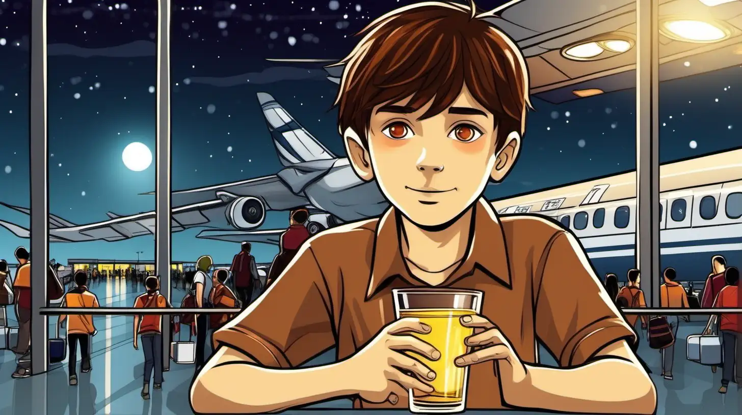 illustrate little  ten years old brown hair boy holding a glass glass , in the airport at night, summer