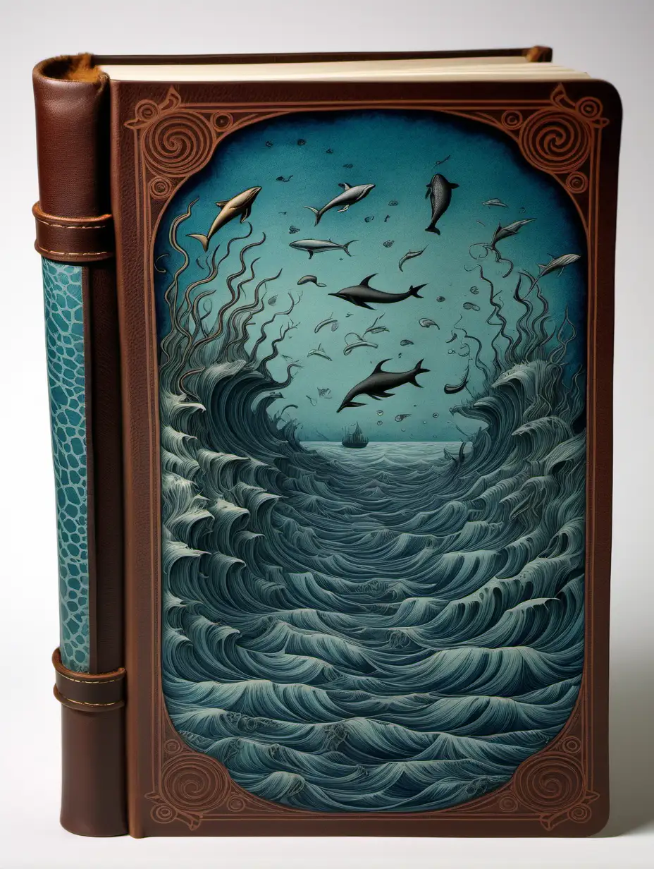 front aligned view of the narrow border of small designs of a blank book covered in leather in the theme "ocean depths"