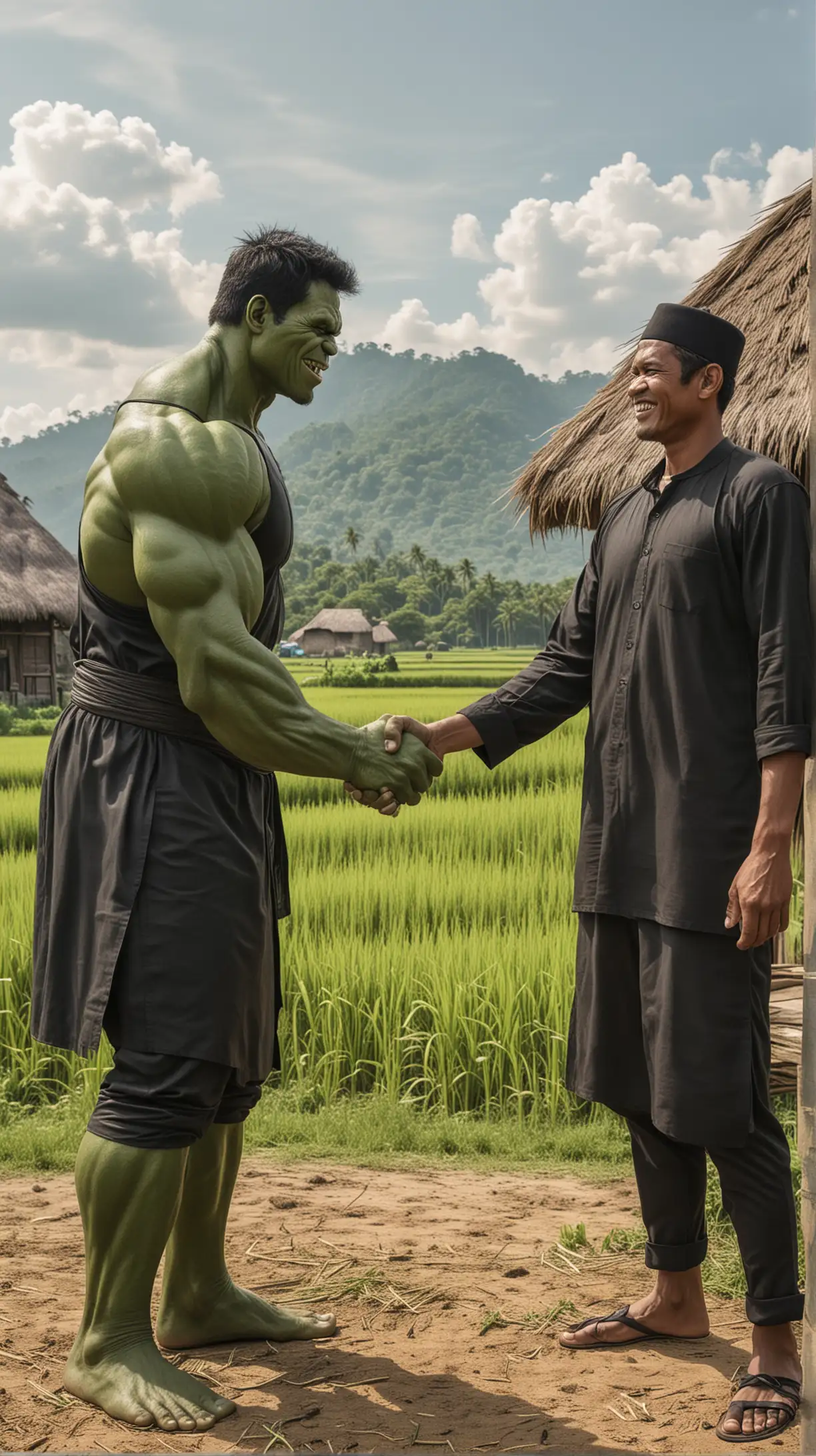 Handshake Between a Muslim Man from Indonesia and the Hulk in a Village Setting