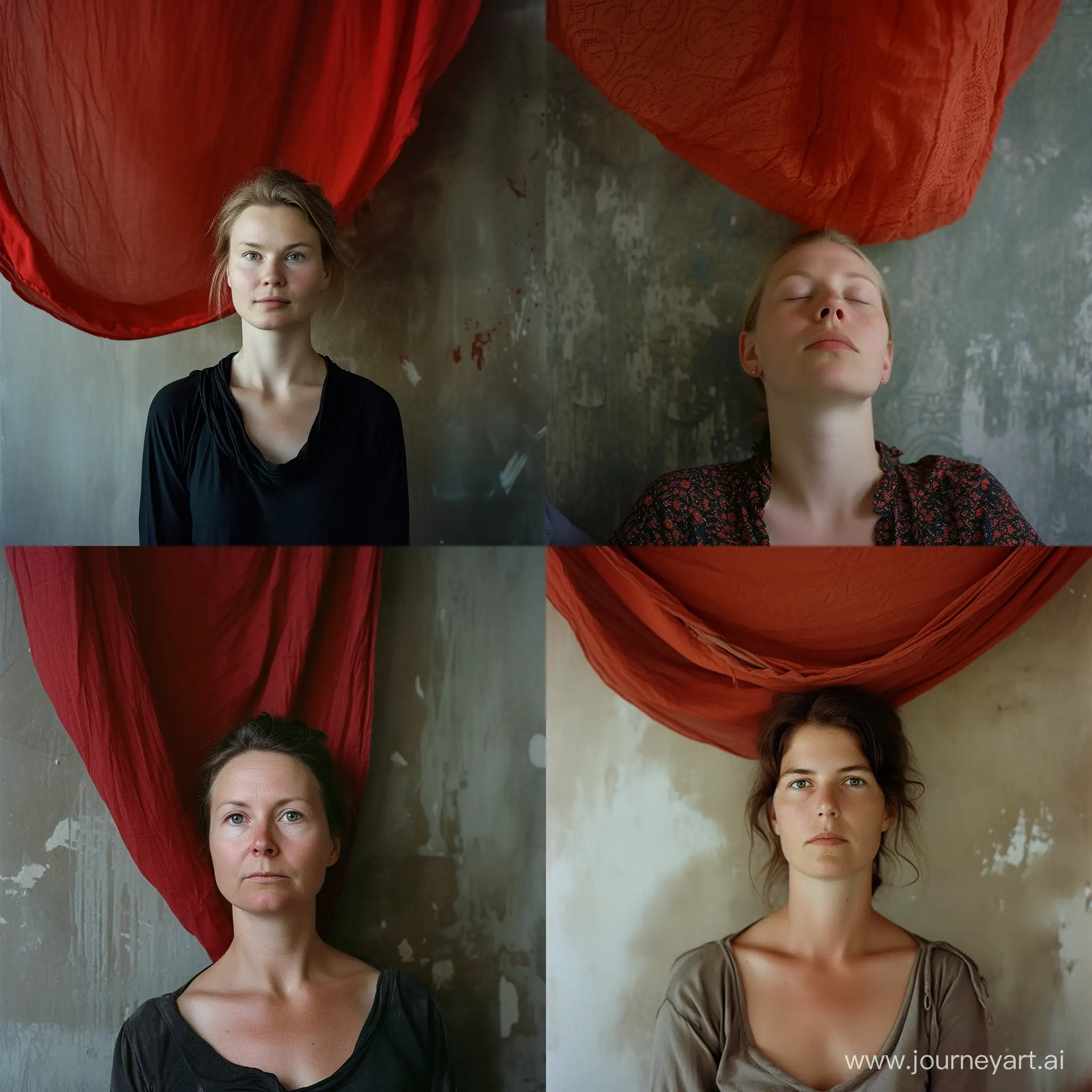 photographic portrait of a 40 years old, Finnish woman, peaceful and relaxed expression, eye contact, leaning against an earth-colored wall with a red cloth hanging from the ceiling, Shot with Kodak Portra 160::2, by Elina Brotherus ::2