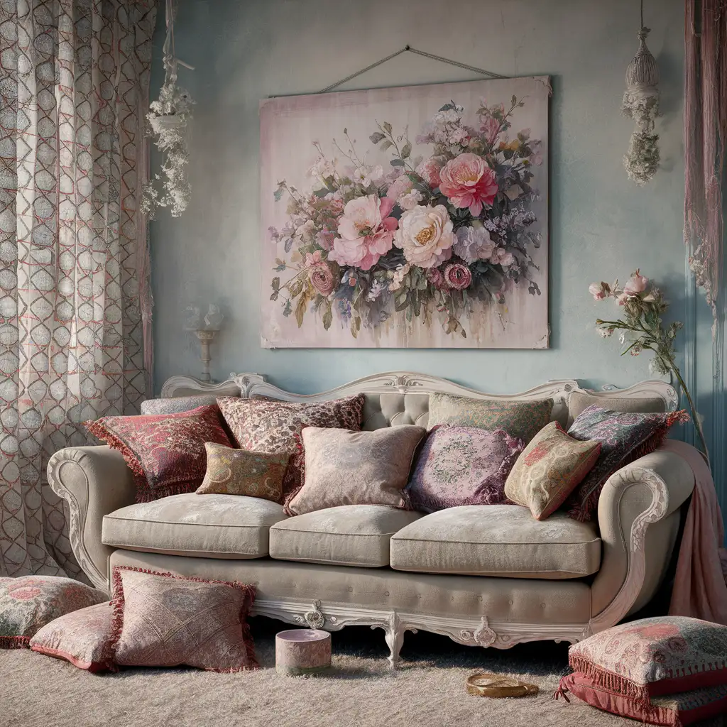 Cozy Shabby Chic Living Room with Floral Accents and Soft Pastel Colors