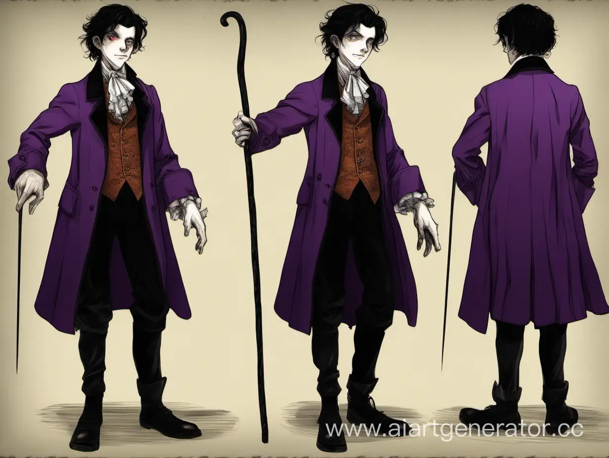 The guy is short, looks like a fifteen-year-old teenager. He has slightly disheveled, coal-black hair. He has very pale skin, gray eyes and a sinister smile all over his face. He is dressed in eighteenth-century English clothes. He was wearing a purple raincoat, a frayed bow tie, black trousers and leather shoes on his feet. He was holding a cane in his hands. There were different rings on his fingers. There was a scar on his neck that looked like it had been severed from his head. His shadow was smiling ominously.