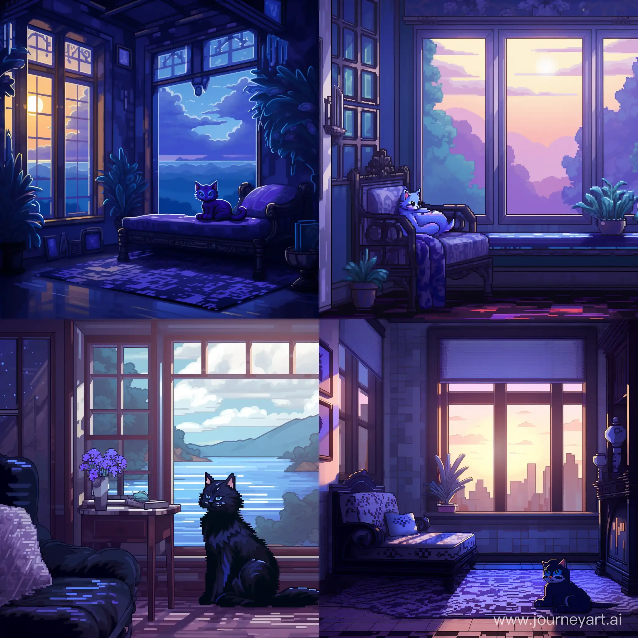 32 бита пиксель арт, голубая кошка с черными узорами лениво разлеглась на фоне окна, мягкий свет проникает через окна отбрасывая блики на кошку