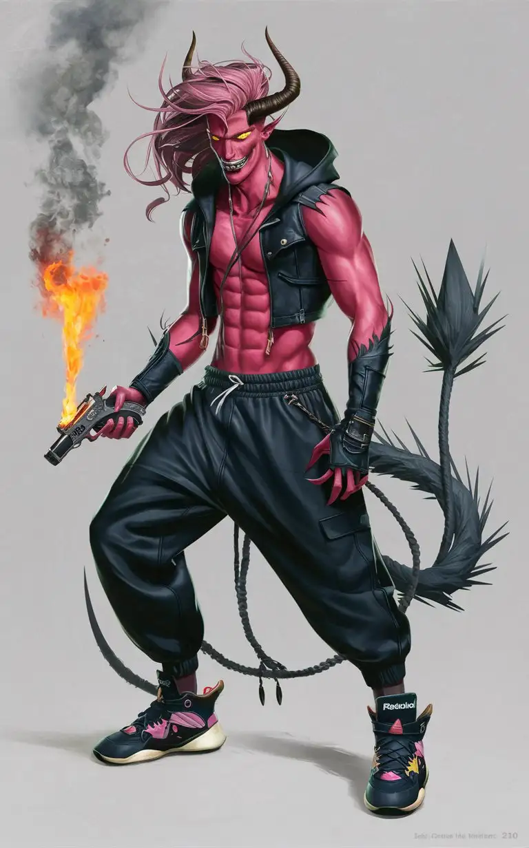 muscular 20s male devil fiend, obsidian skin, long horns, flowing cerise long wild hair, glowing yellow eyes, jagged wicked grin, black hooded sleeveless leather jacket, black baggy sweatpants, black cerise fingerless gloves, long thick spiked darkgrey tail, flaming smoking revolver pistol, loose burgundy cerise black reebok shaqnosis hi-tech techwear low-top basketball sneakers, sinister glare, character reference sheet