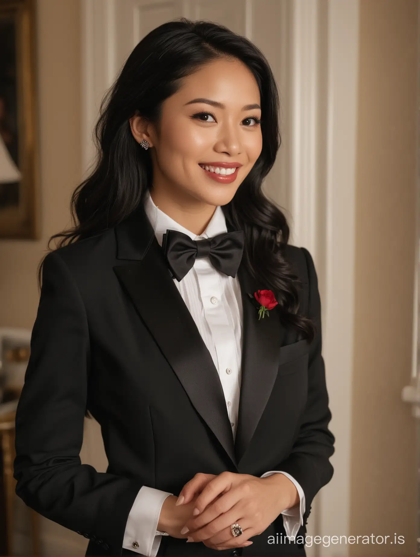 The scene is a dimly lit room in a wealthy mansion. A beautiful 40 year old smiling  vietnamese woman  with tan skin, long black hair, and lipstick, mid-twenties of age, is standing in the corner of a room. She is wearing a tuxedo with a black jacket.  The jacket has a corsage. Her shirt is white with double french cuffs and a wing collar.  Her bowtie is black.   Her cufflinks are large and black.  