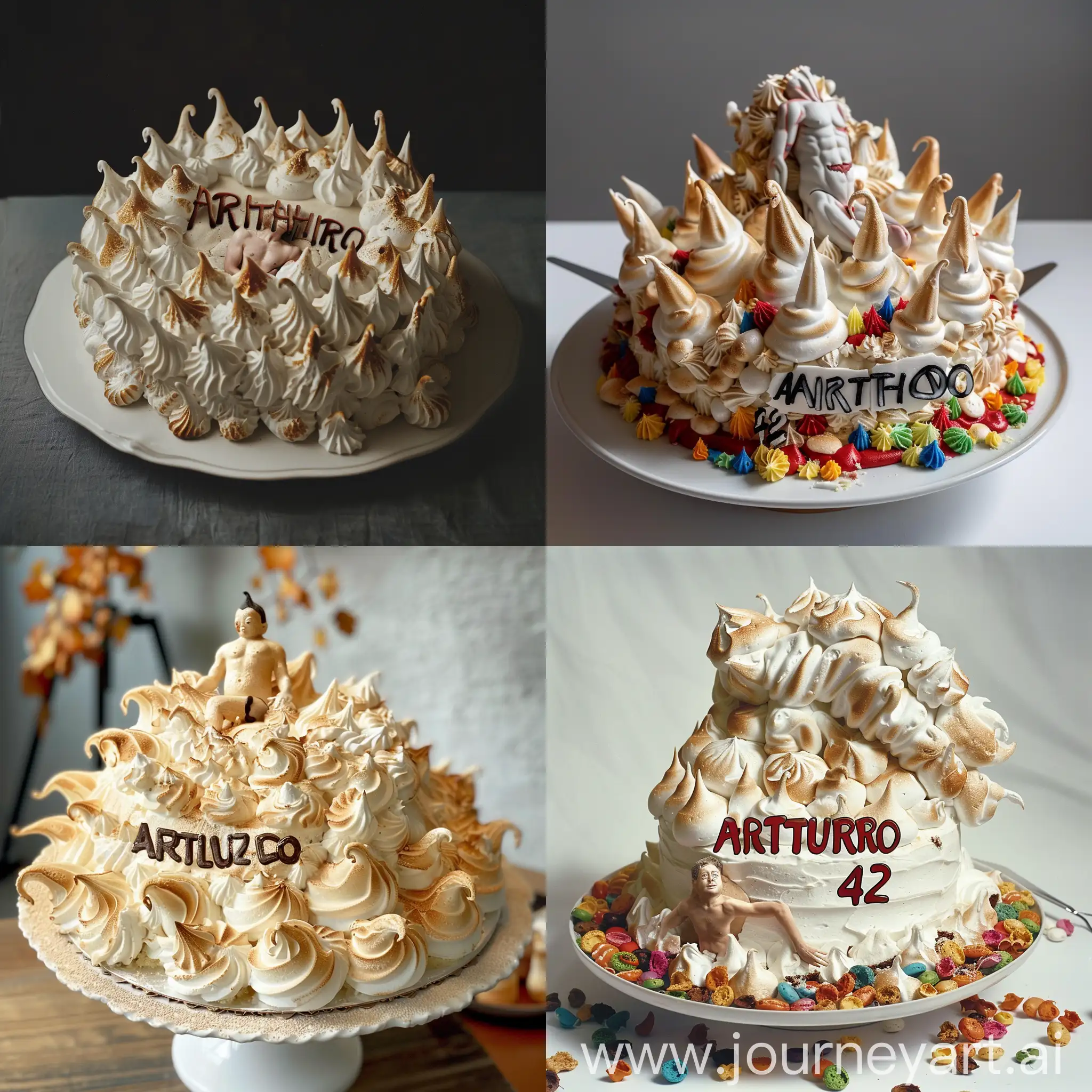 a realistic photo of a birthday cake with a lot of meringue and a body on it saying Arturo 42