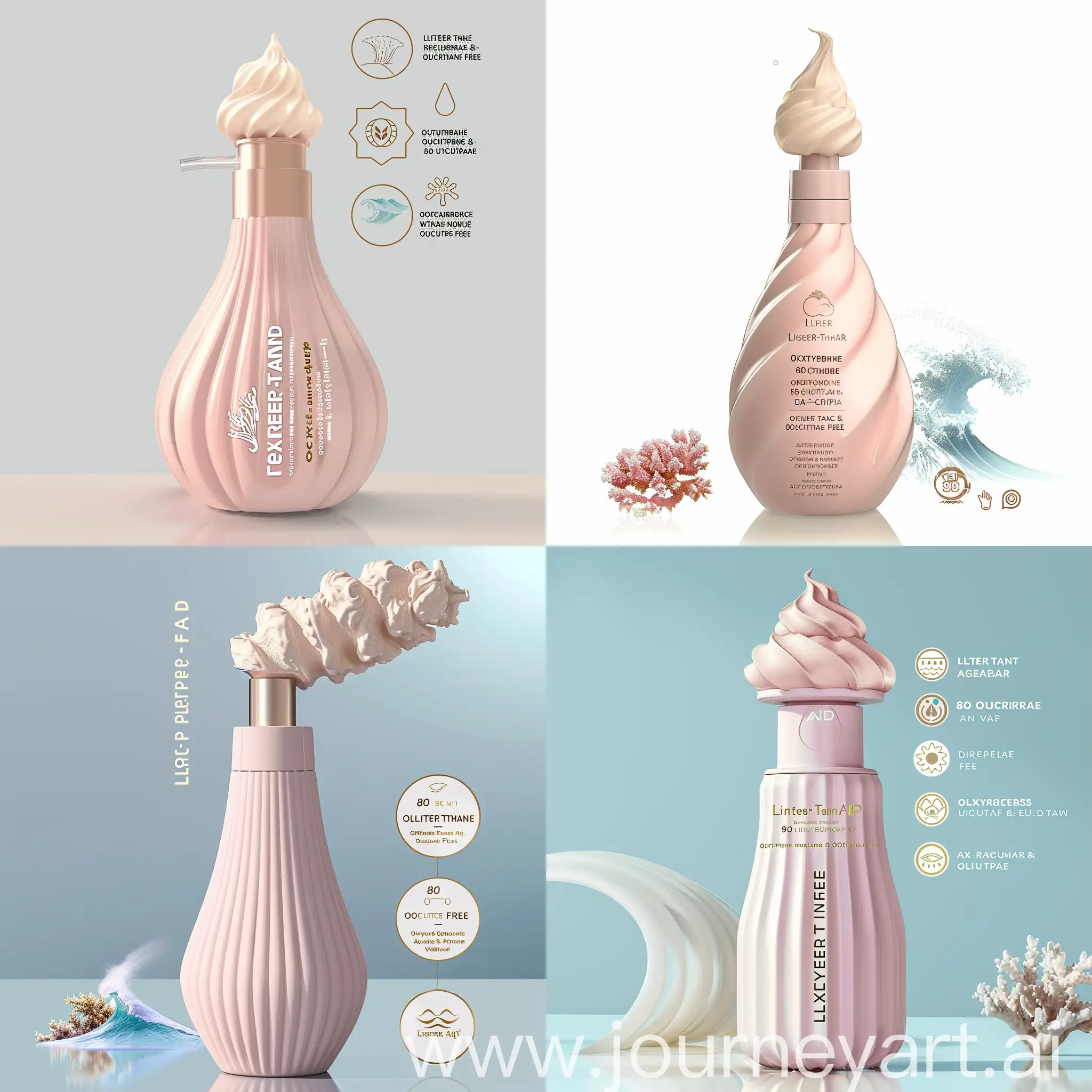 imagine a sleek, baby pink bottle. The bottle should have a dispenser and look luxorious. The cap should look like whipped cream. The labels on the bottle should be "Lighter-Than-Air" , "Water-Resistant (80 minutes)", "Oxybenzone & Octinoxate free." They should be wrtitten in gold color. Additionally, include symbols representing the product being eco-friendly, cruelty-free, and vegan attributes. Also add a small image of a wave and a coral reef
